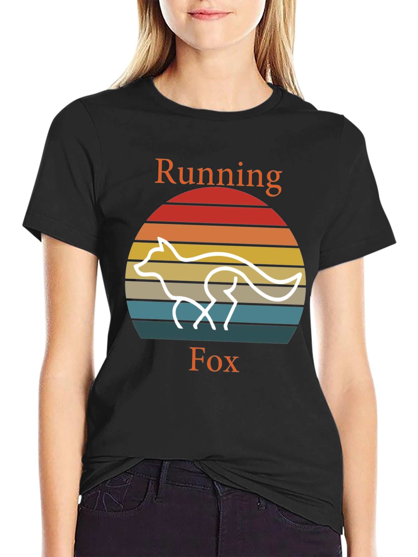 Black Running Fox T-Shirt Retro Style Tee view 2