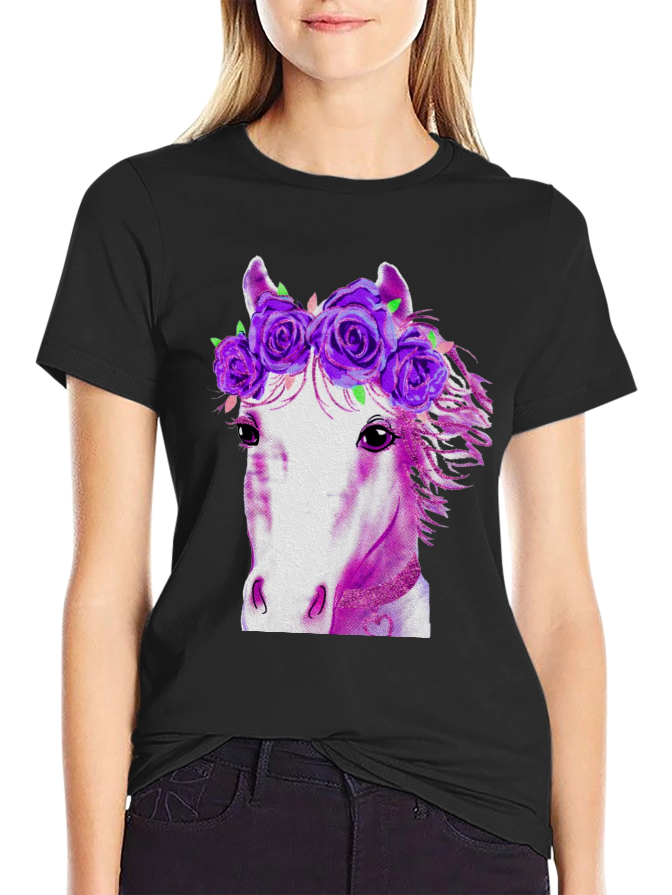 Black Floral Crown Horse Graphic T-Shirt view 2