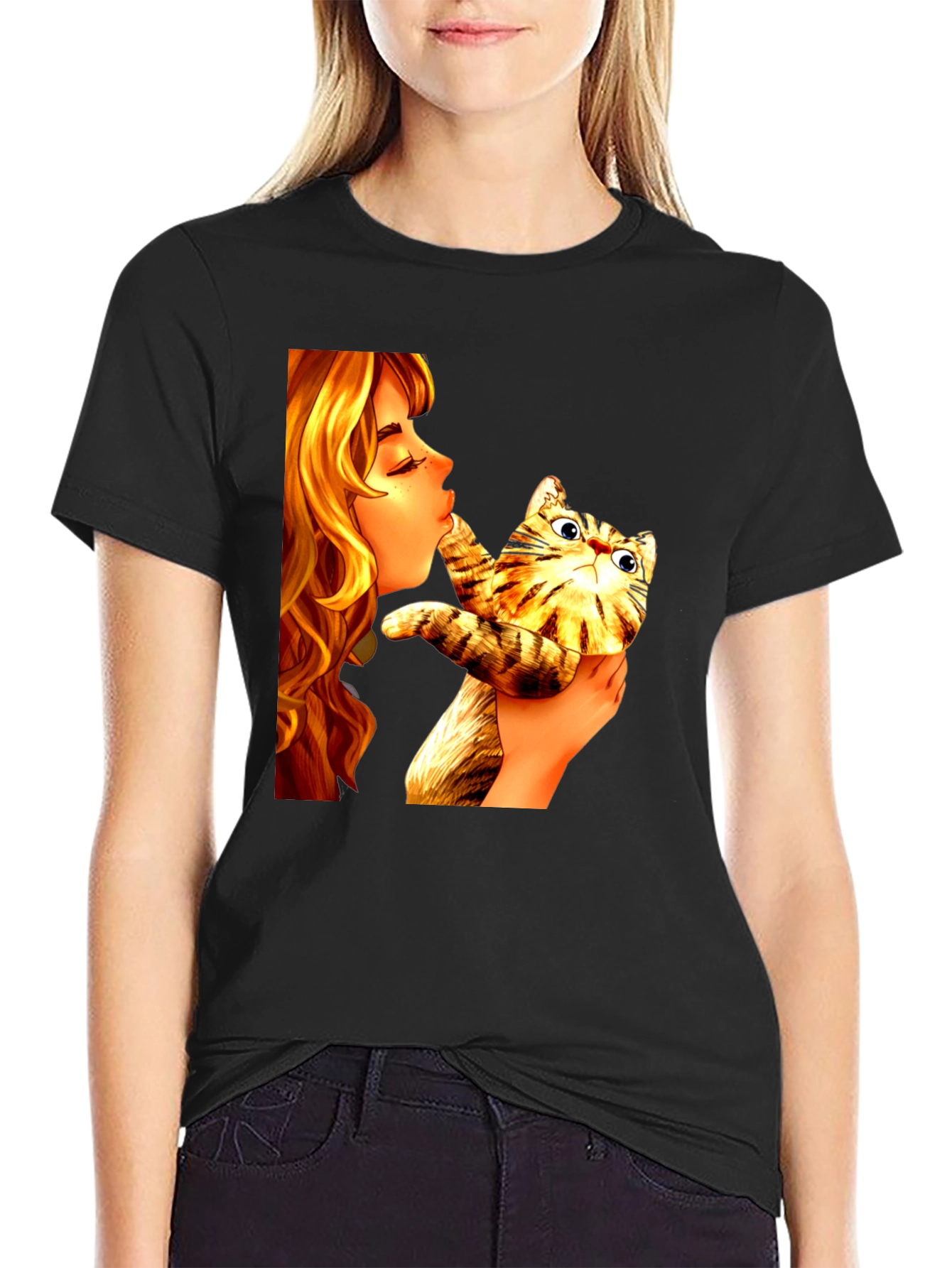 Black Girl Kissing Cat Graphic Tee - Novelty Unisex T-Shirt view 2