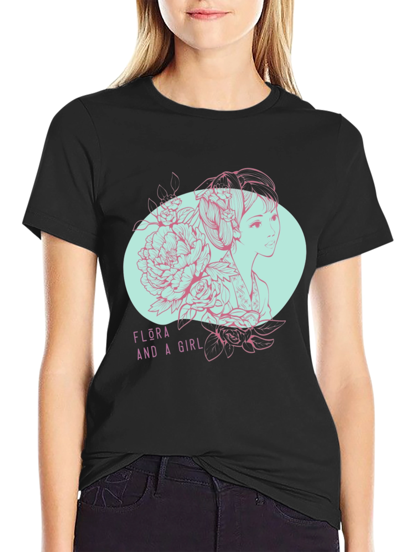 Black Flora and a Girl Tee - Unique Graphic Design view 2