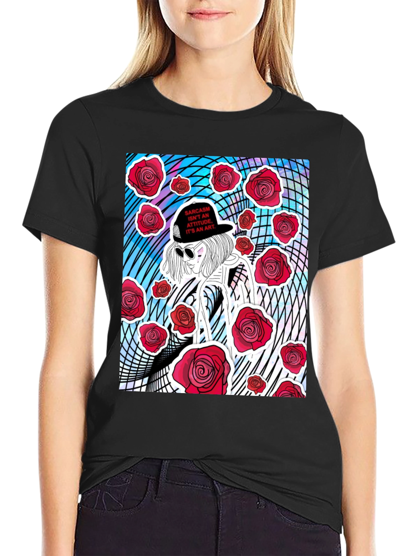 Black Edgy Rose Graphic Tee - Sarcasm Art view 2