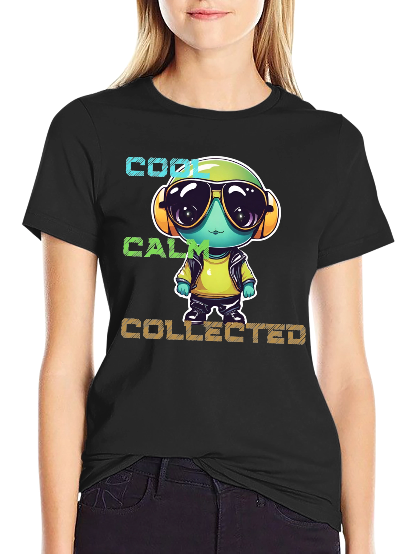 Black Cool, Calm, Collected Cartoon Character T-Shirt view 2