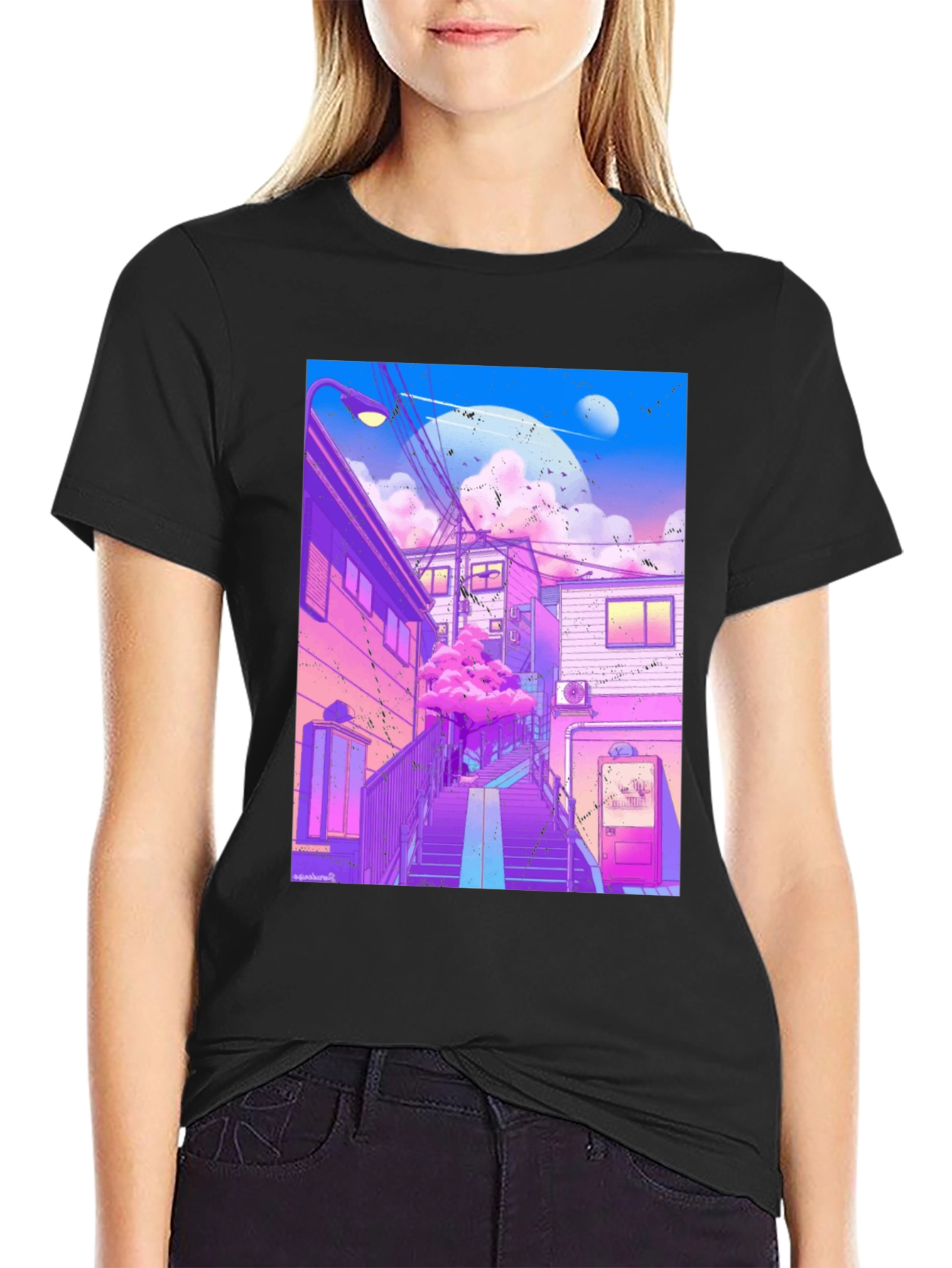 Black Anime Vaporwave Graphic Tee - Urban Aesthetic T-Shirt view 2