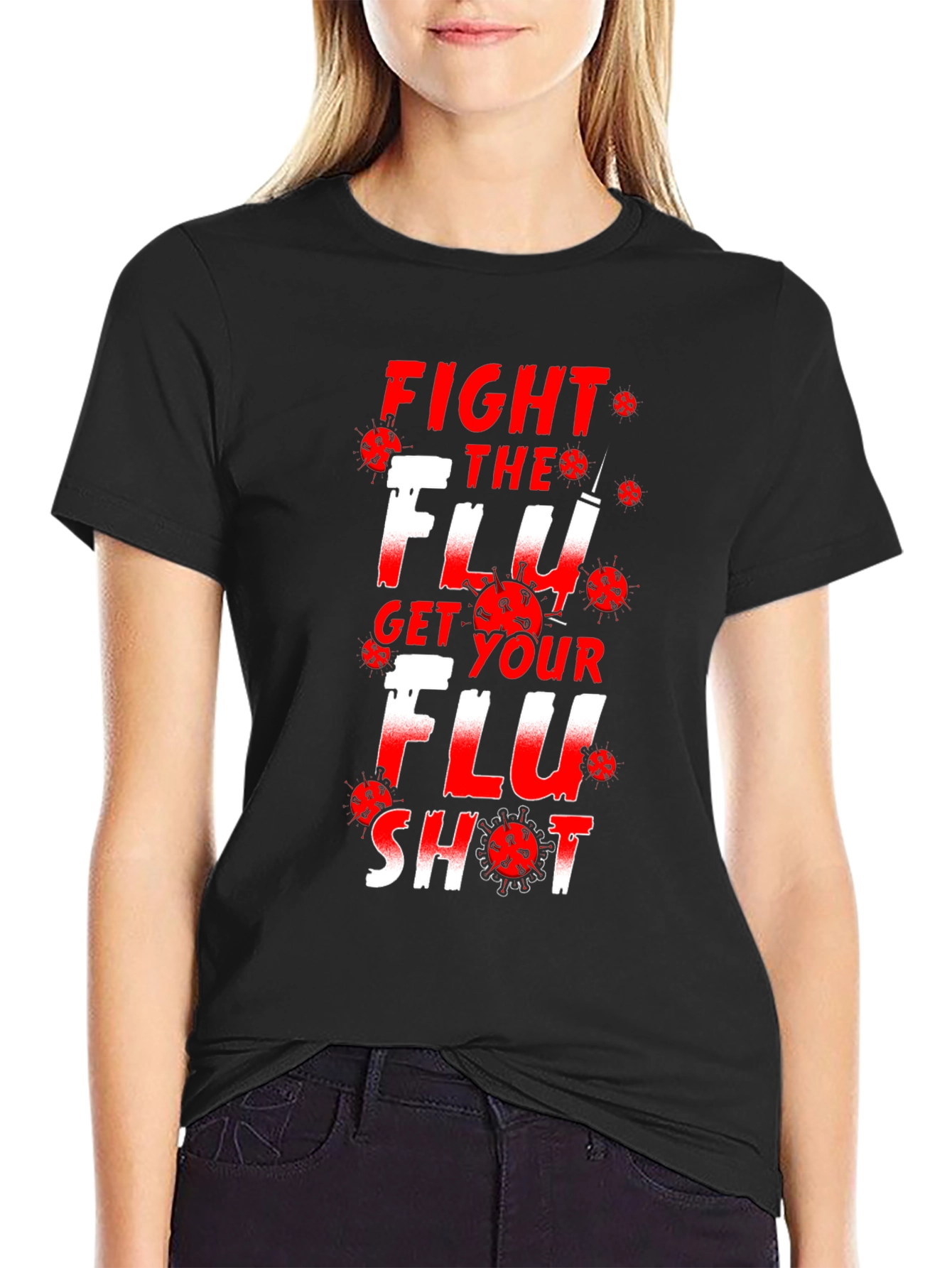 Black Fight the Flu Get Your Flu Shot Graphic T-Shirt view 2
