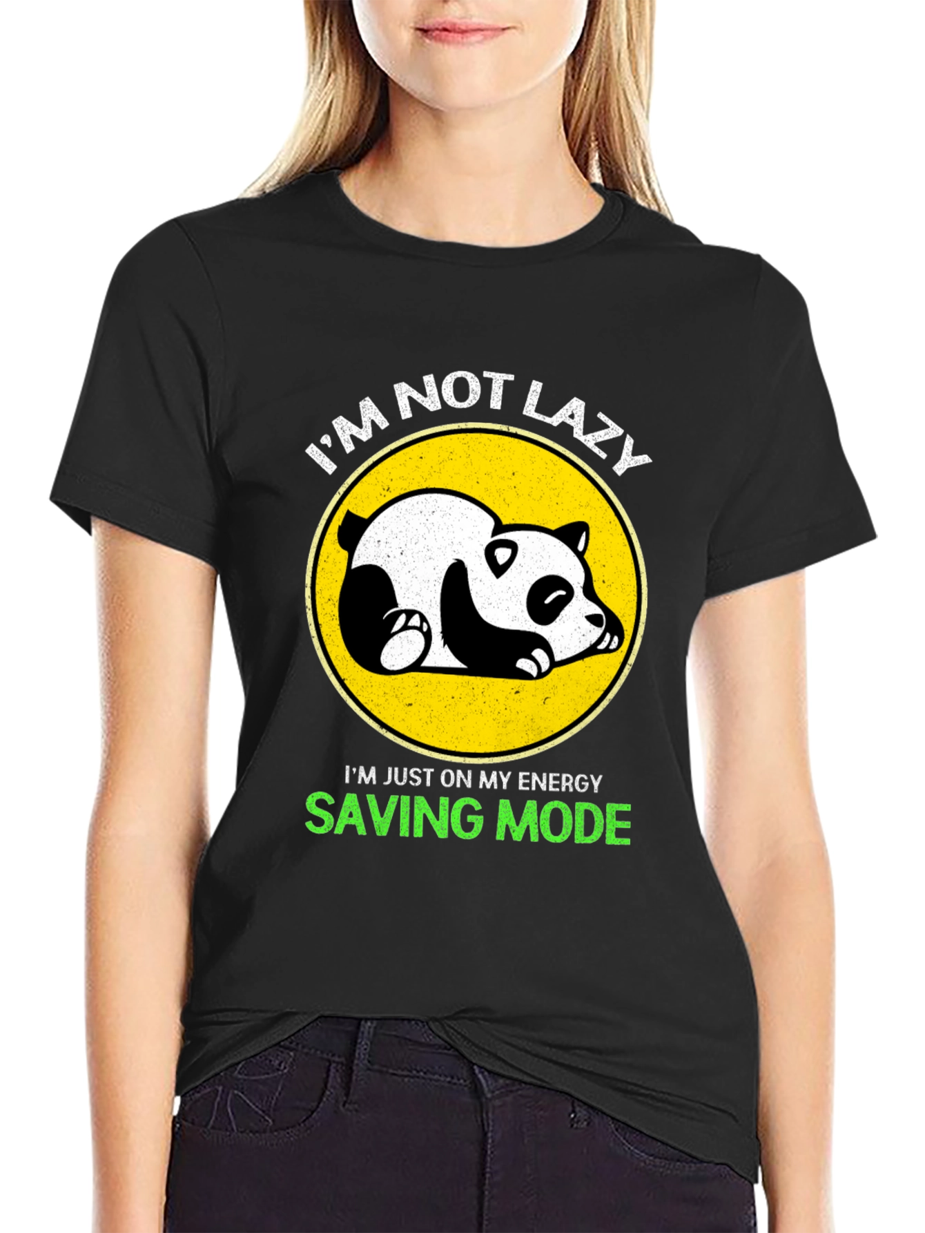 Black Lazy Panda Energy Saving Mode Black T-Shirt view 2