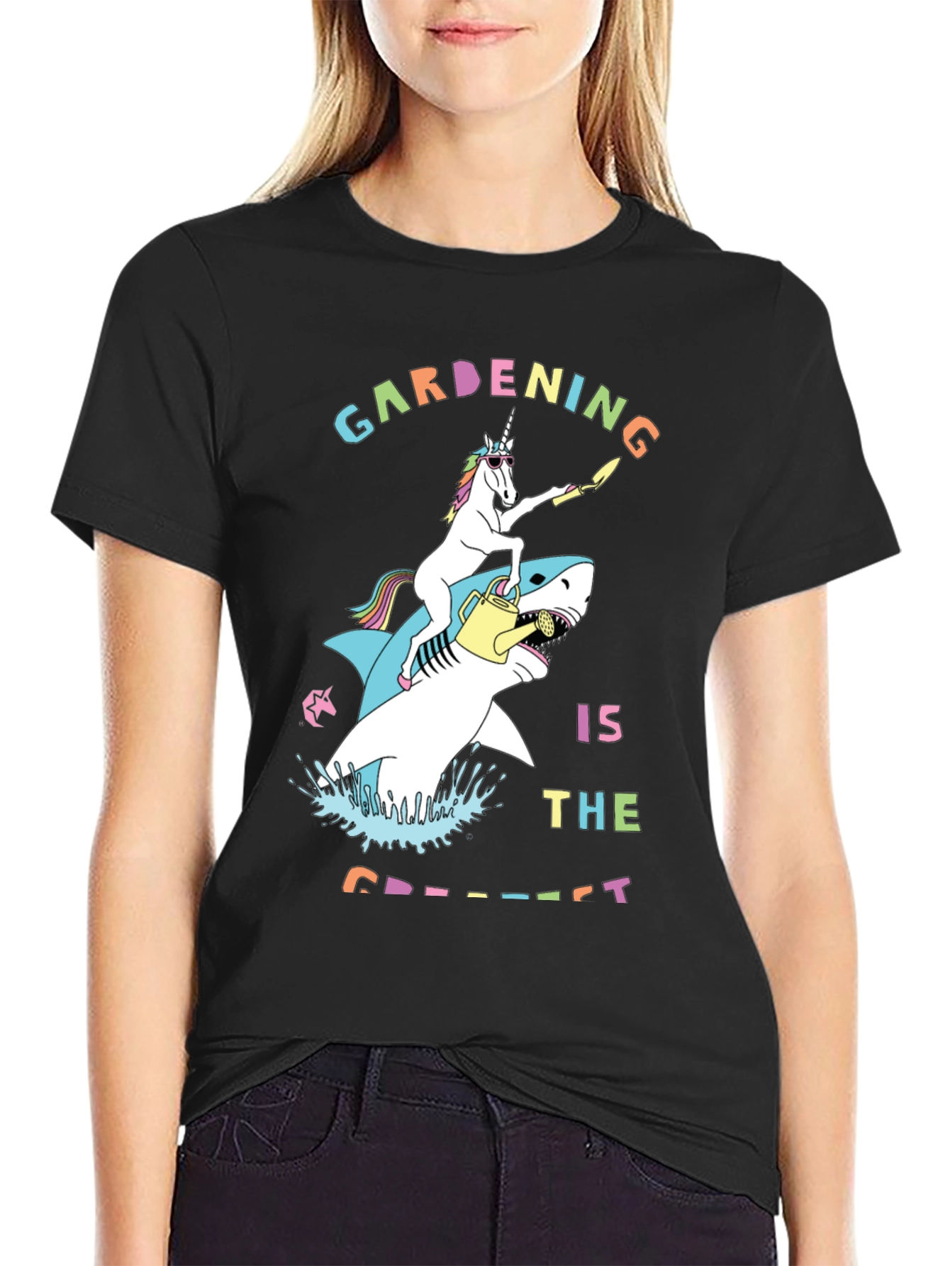 Black Unicorn Shark Gardening T-Shirt view 2