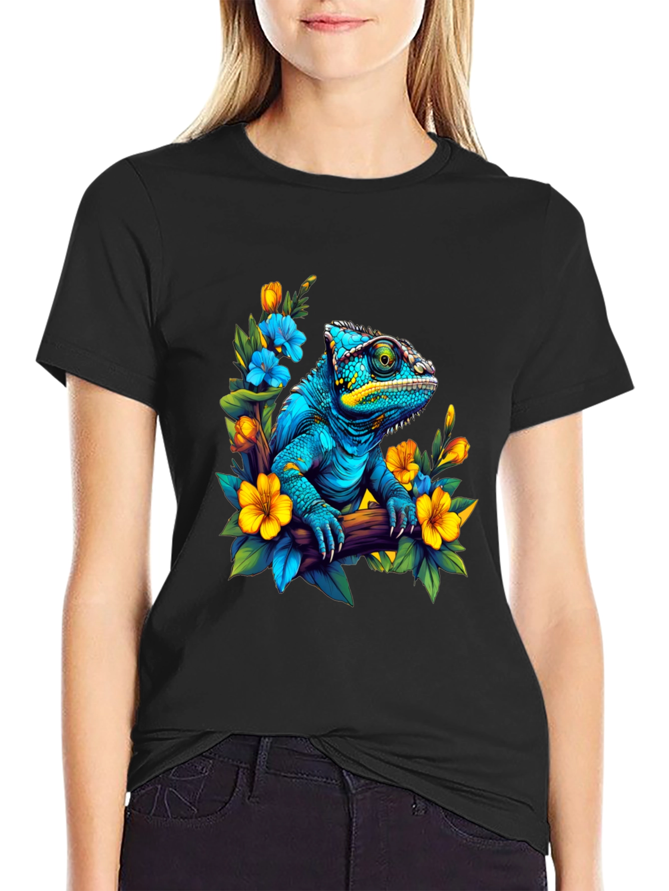Black Blue Chameleon Floral Graphic Tee view 2