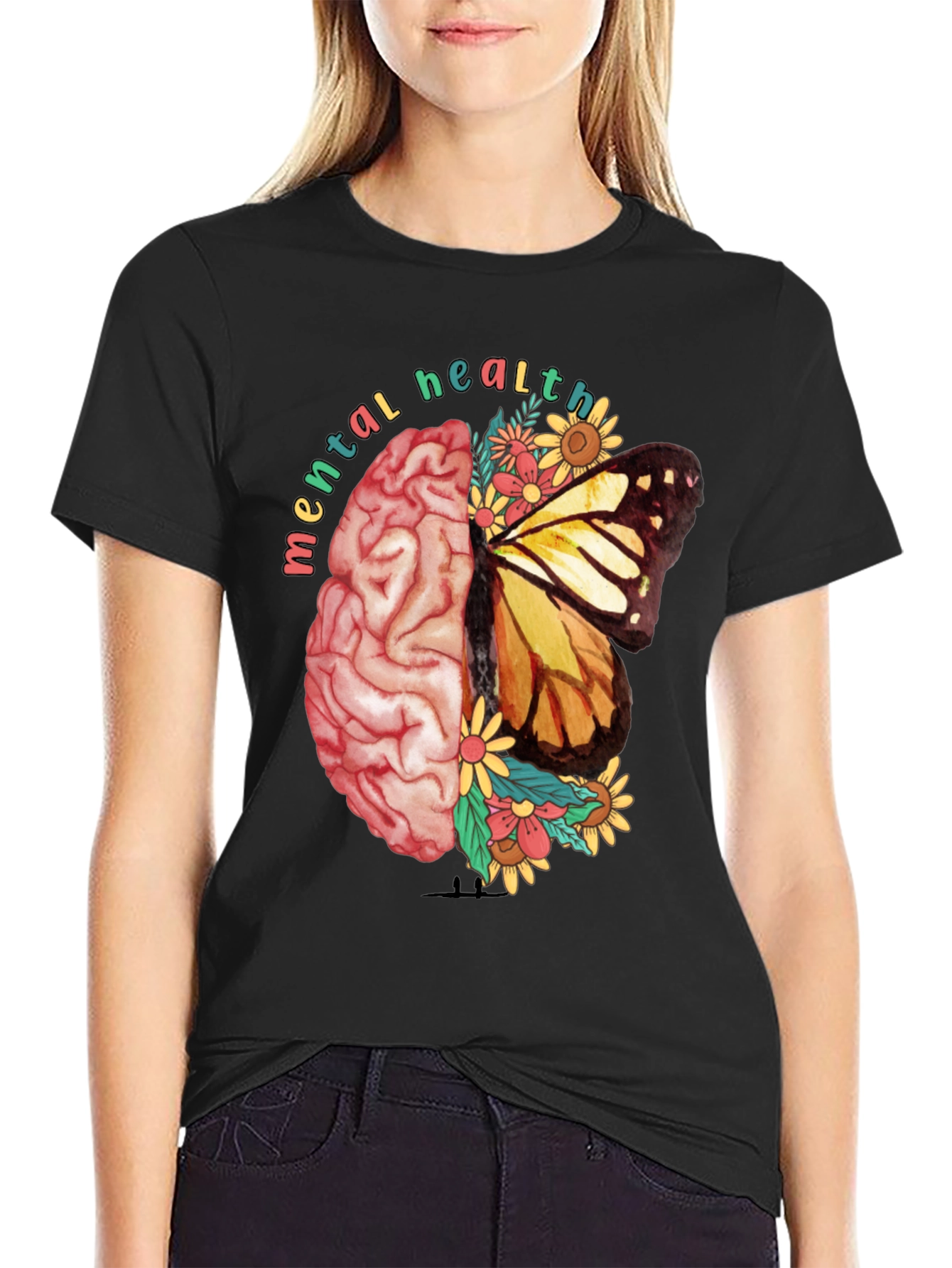 Black Mental Health Butterfly Brain Graphic Tee view 2