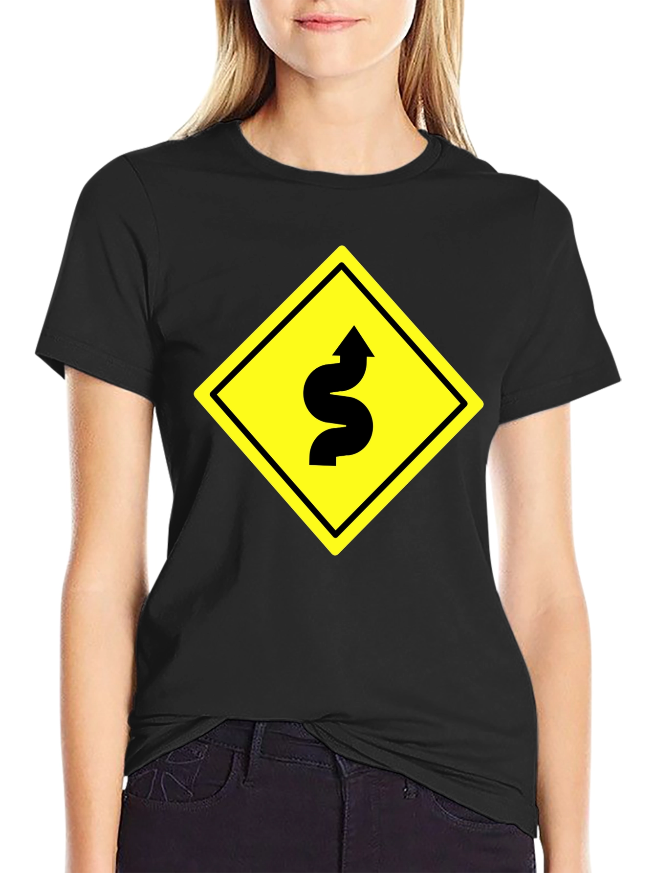 Black Winding Road Graphic Tee - Black Cotton T-Shirt view 2