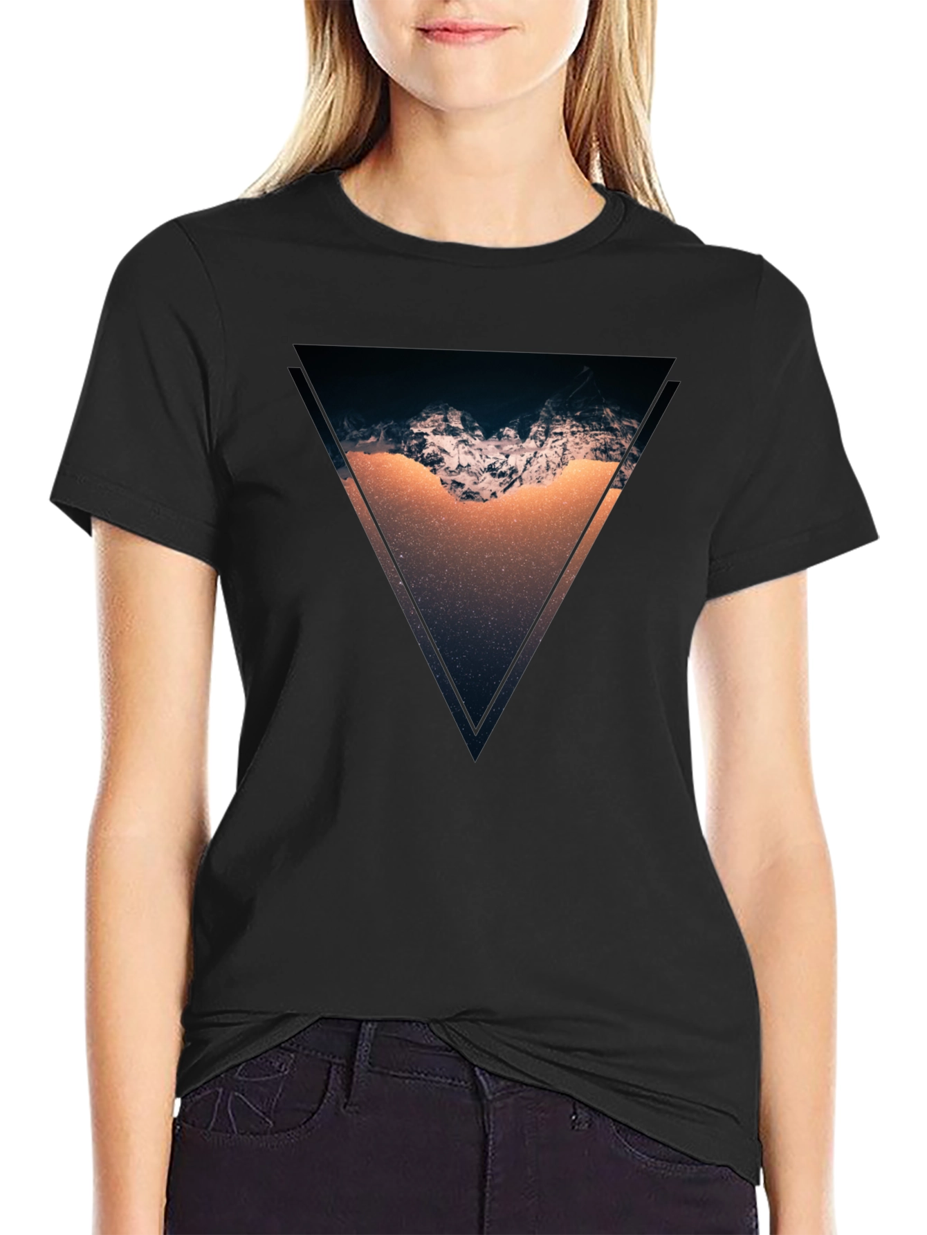 Black Geometric Mountain Scene Black T-Shirt view 2