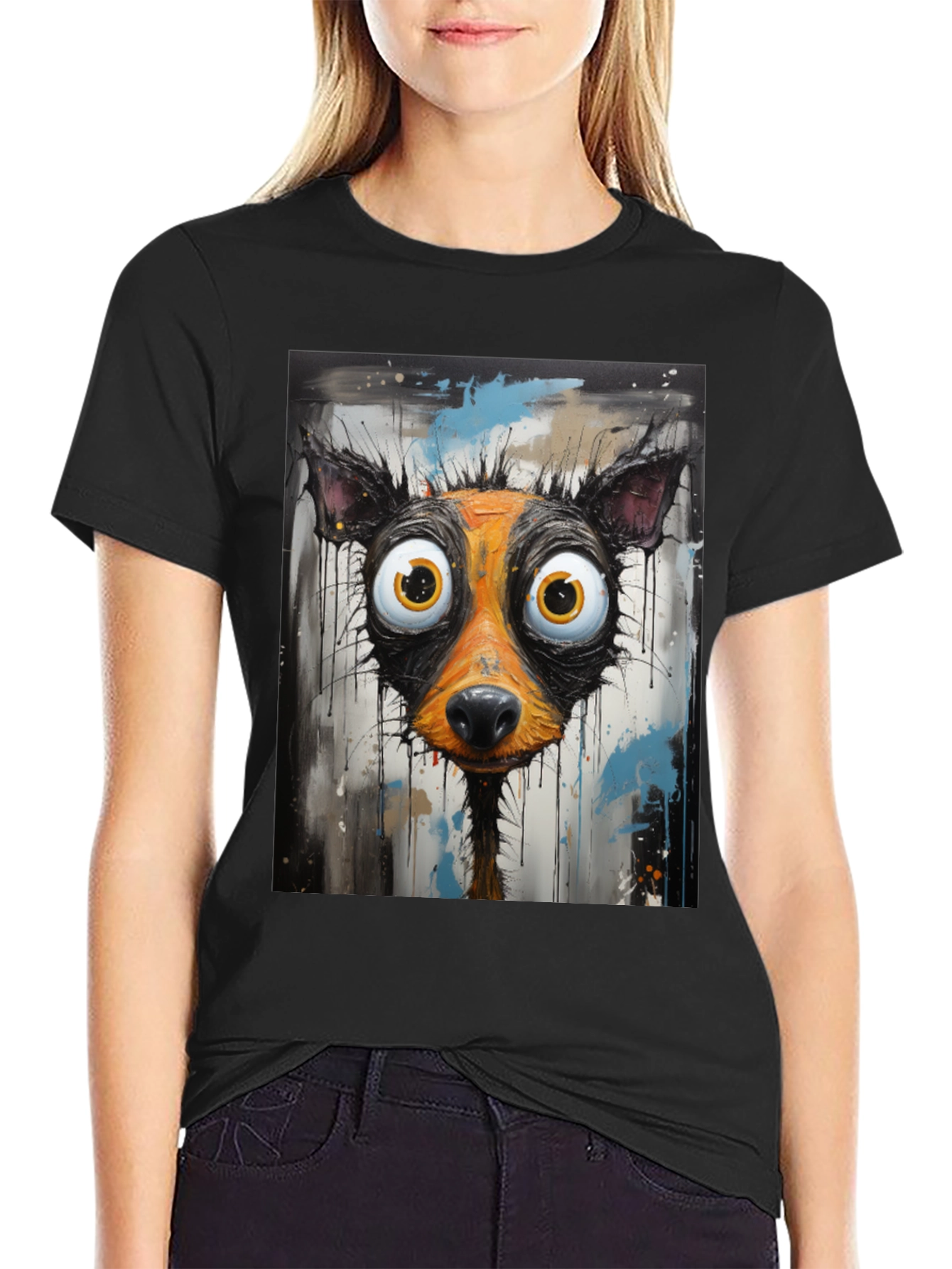 Black Cartoon Dog Graphic Tee - Funky Art Shirt view 2