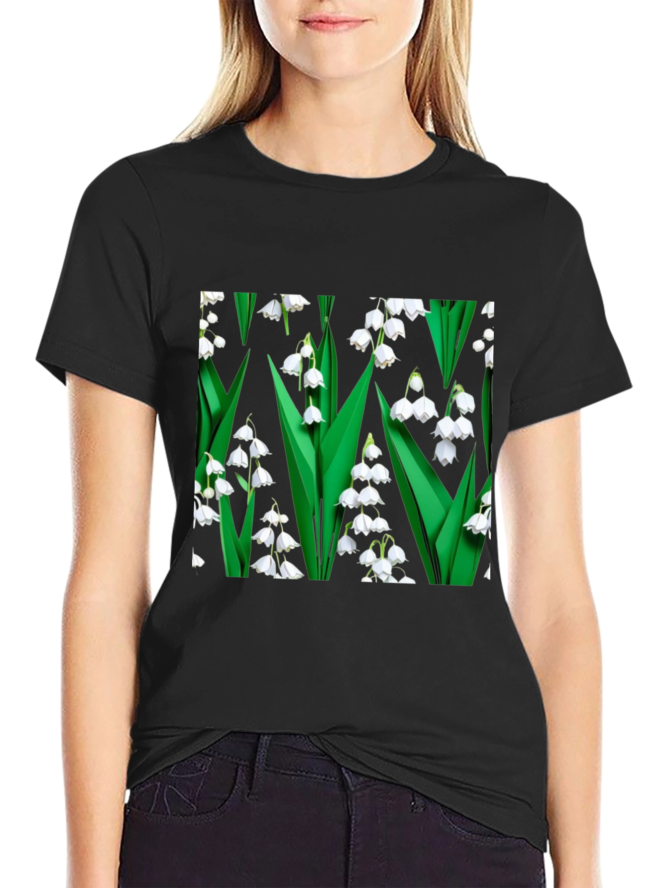 Black Lily of the Valley Print Black T-Shirt view 2