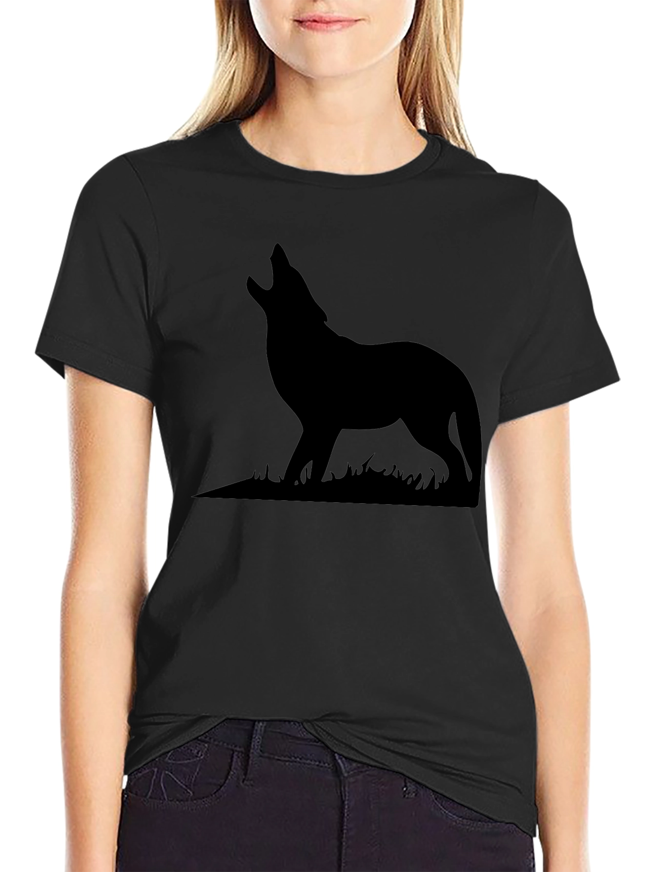 Black Wolf Silhouette Graphic Print T-Shirt view 2