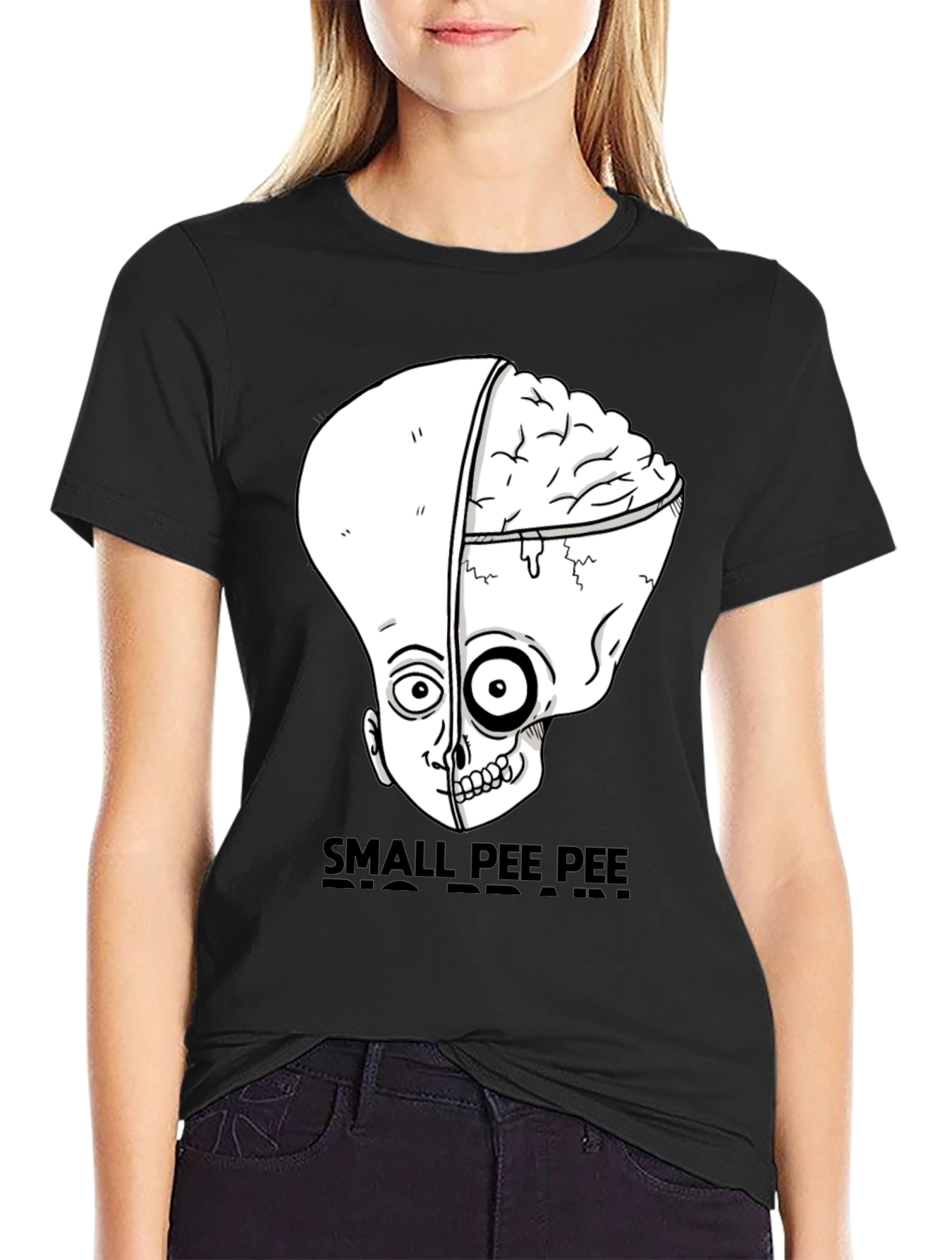 Black Small Pee Pee Big Brain Funny Graphic Tee view 2