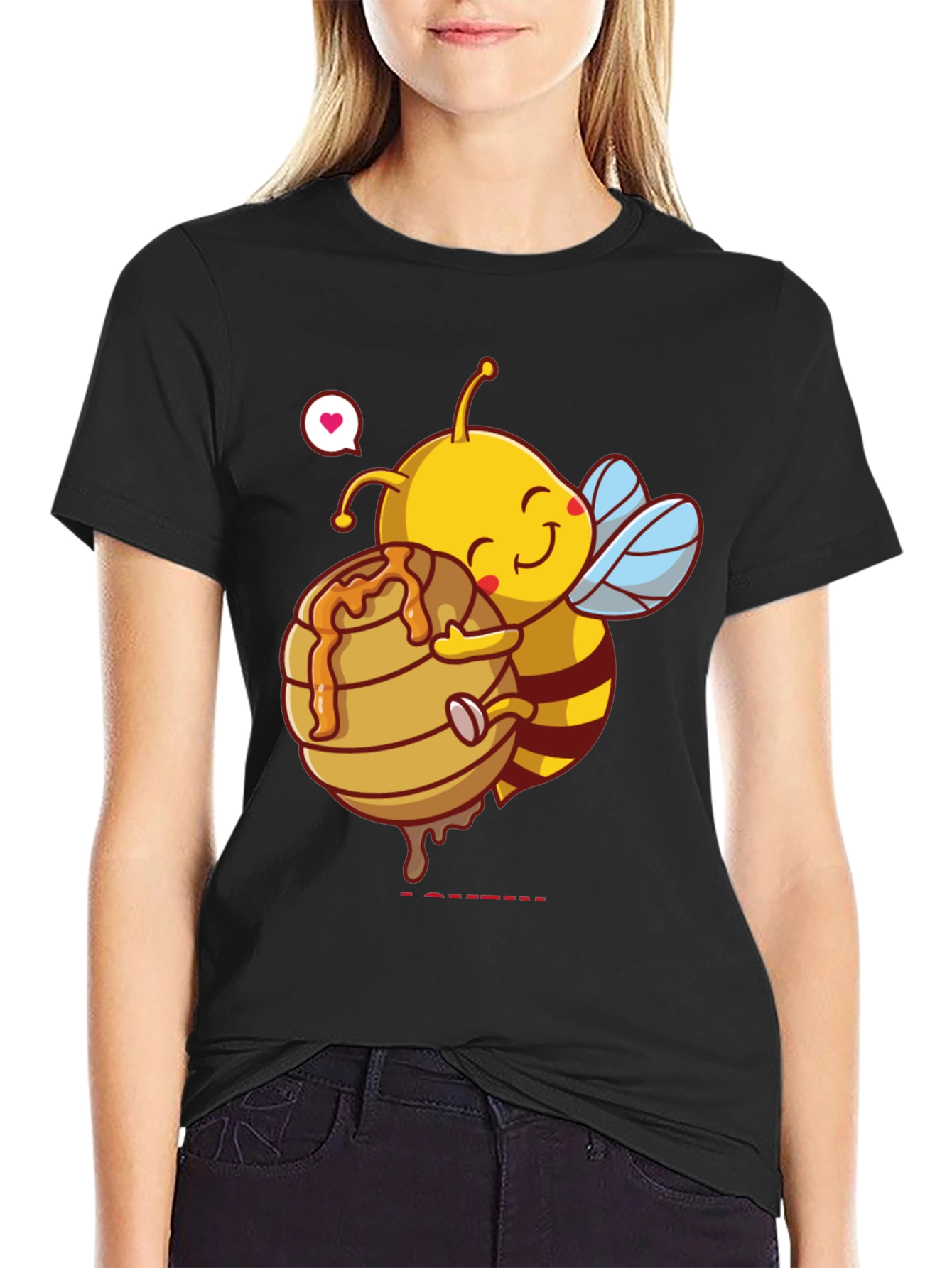 Black Cute Bee Hugging Honeycomb Graphic T-Shirt view 2