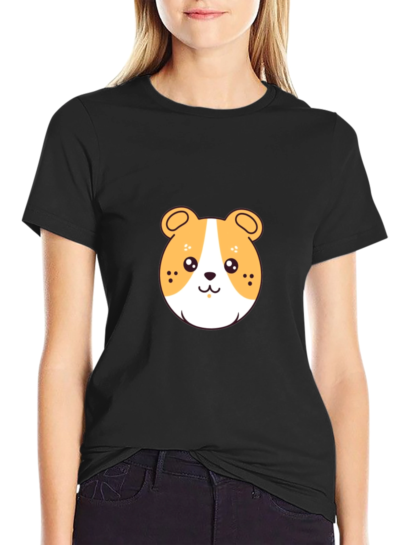 Black Cute Cartoon Hamster Graphic Tee view 2