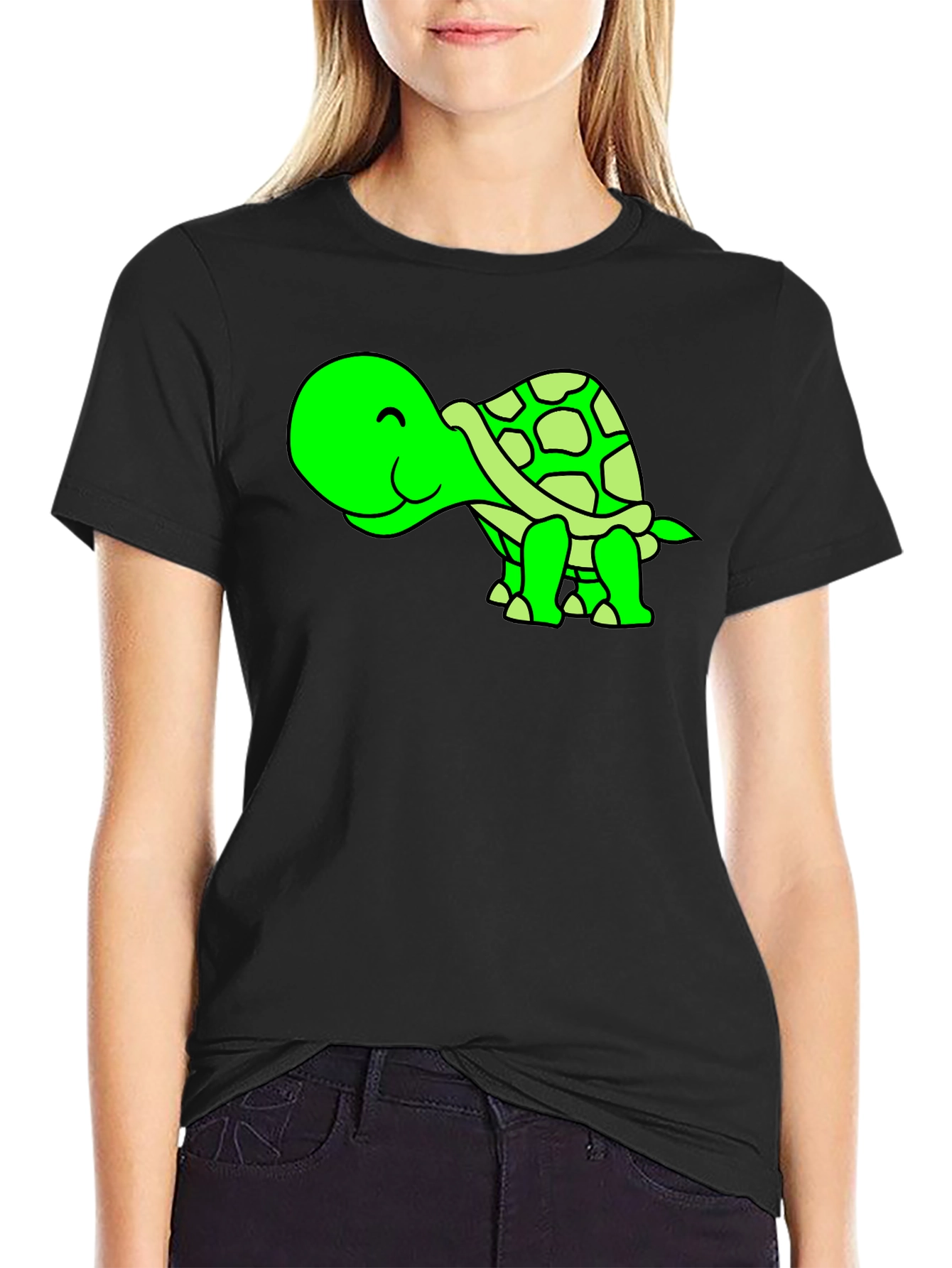 Black Cute Green Turtle Graphic Tee view 2
