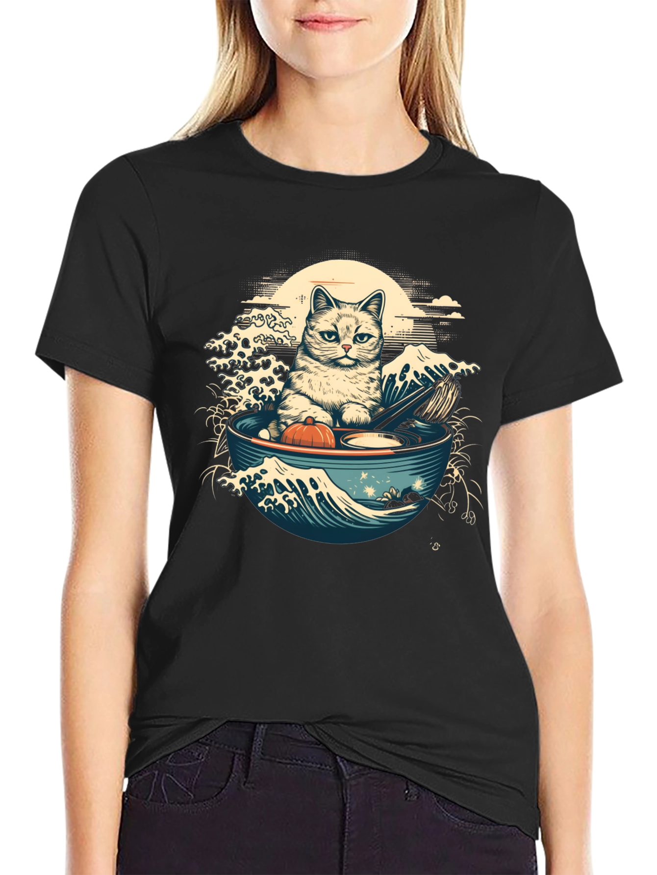 Black Cat Ramen Wave T-Shirt - Stylish Graphic Tee view 2