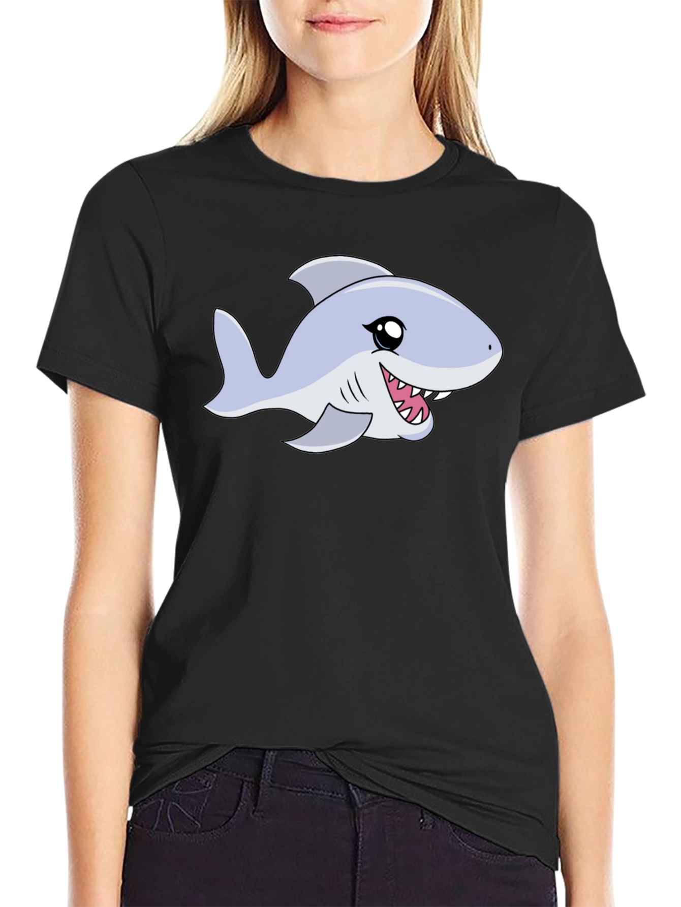 Black Cartoon Shark Graphic Tee - Black Casual Shirt view 2