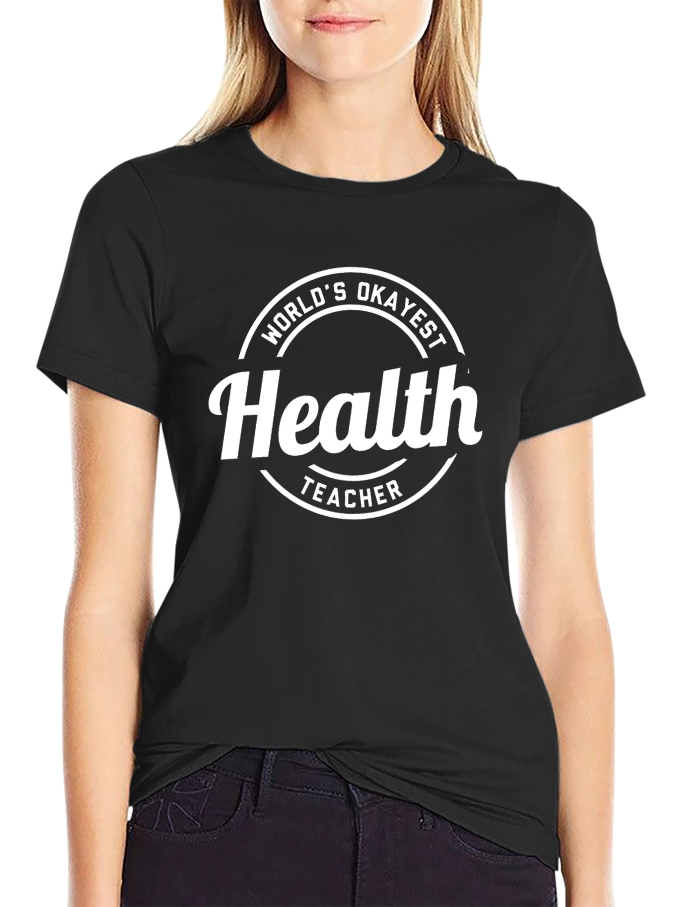 Black World's Okayest Health Teacher T-Shirt view 2