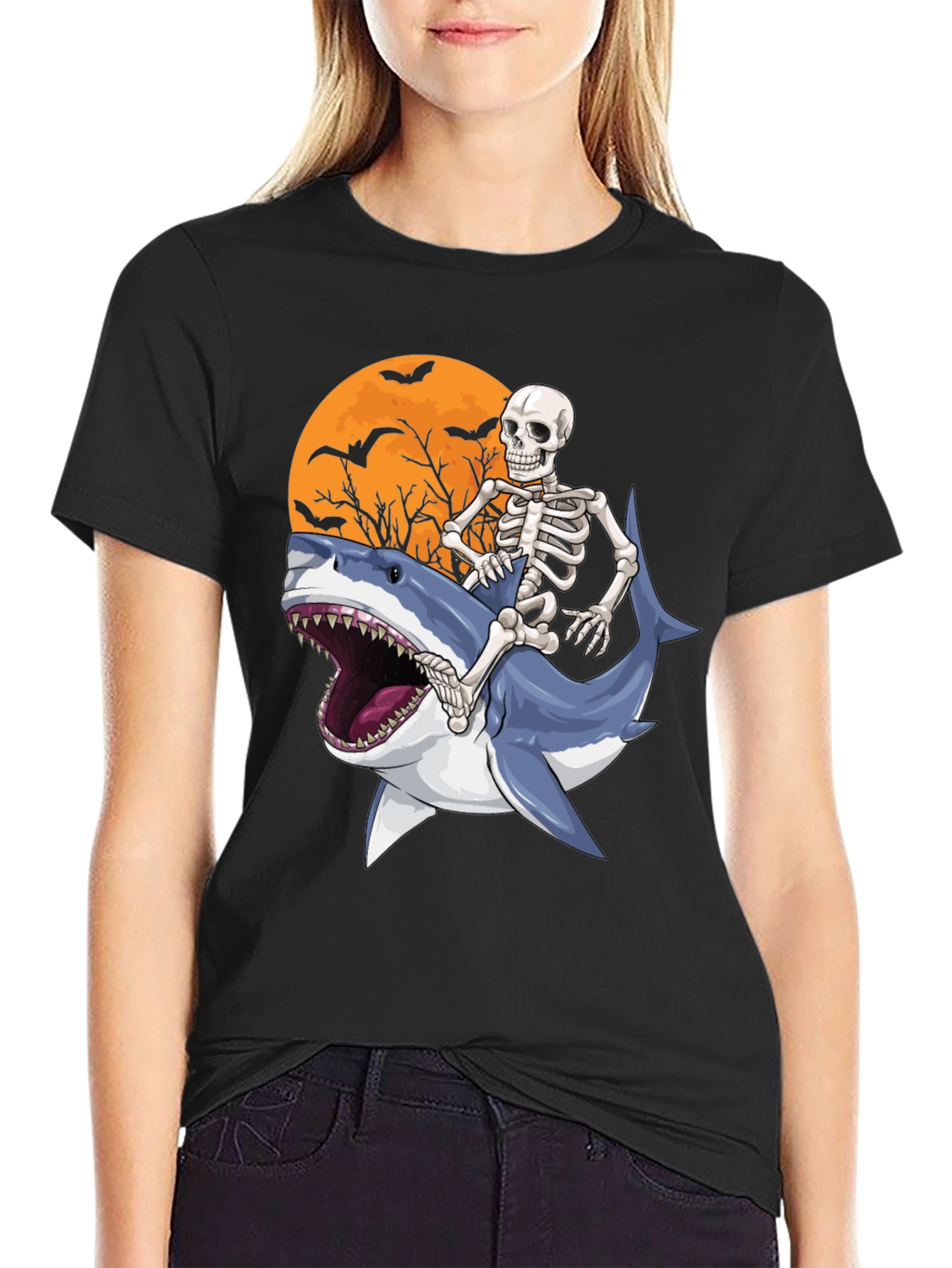 Black Skeleton Riding Shark Graphic T-Shirt - Halloween Style view 2