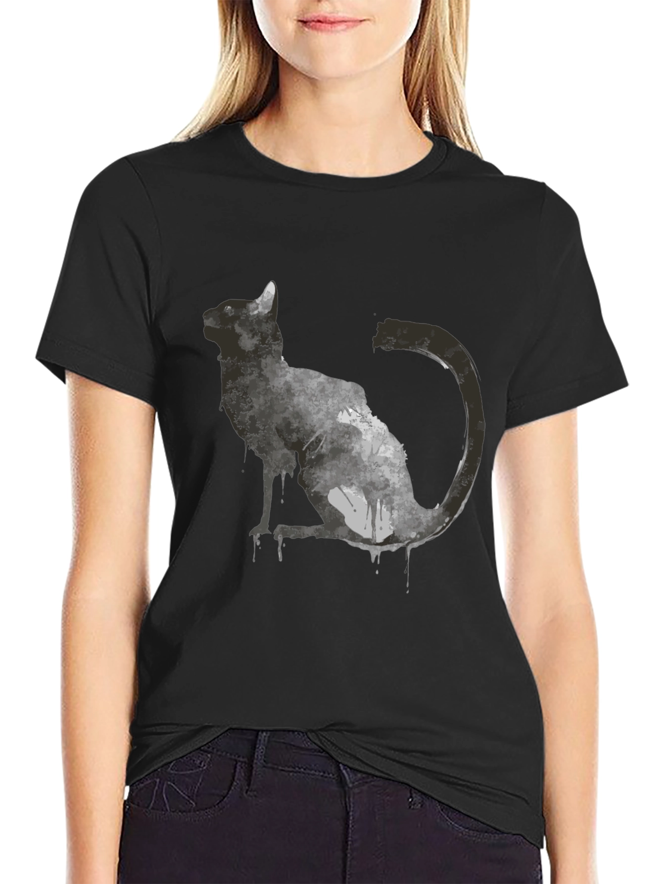 Black Abstract Cat Graphic T-Shirt - Black view 2