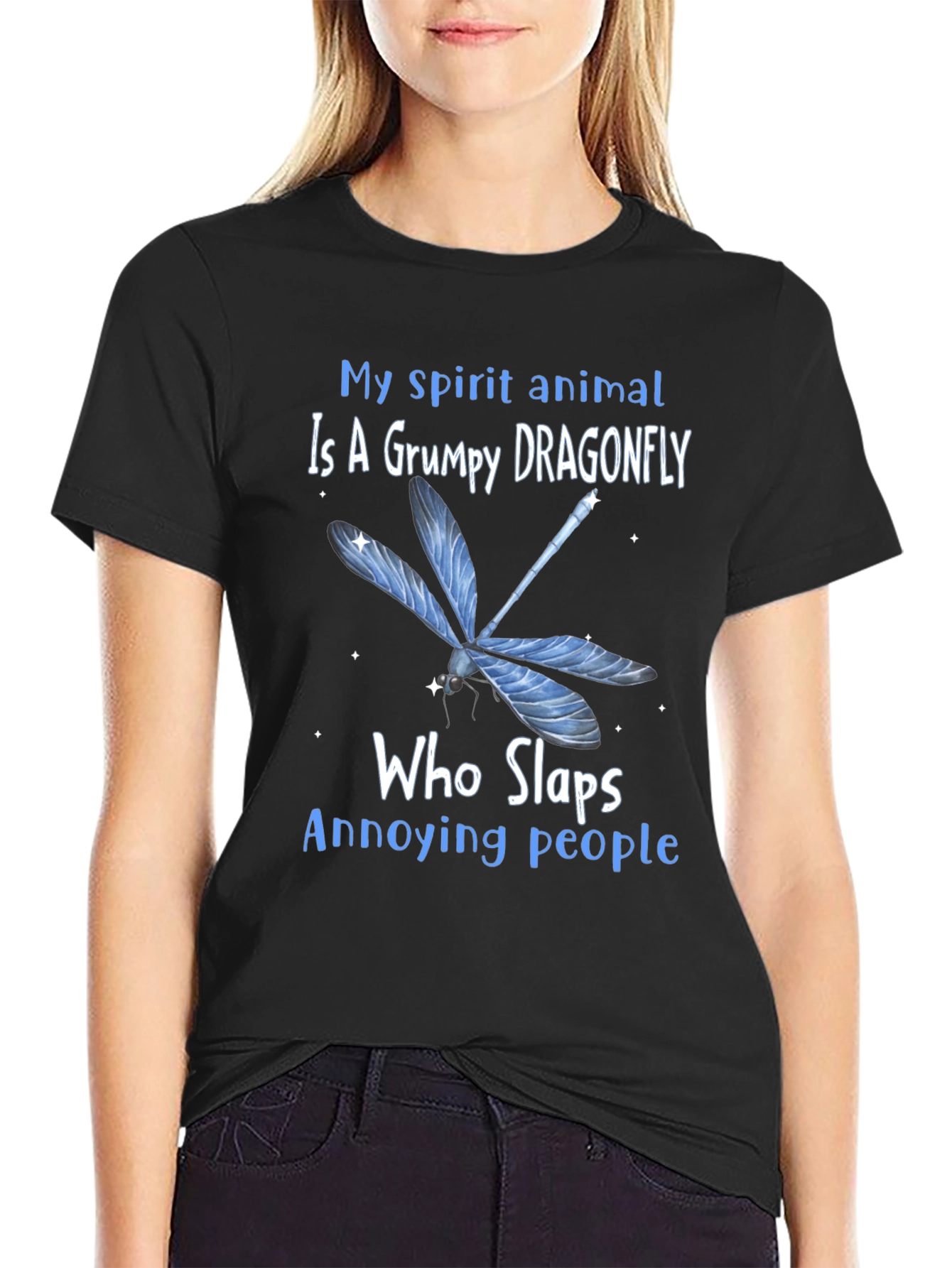 Black Grumpy Dragonfly T-Shirt: Slaps Annoying People Funny Tee view 2