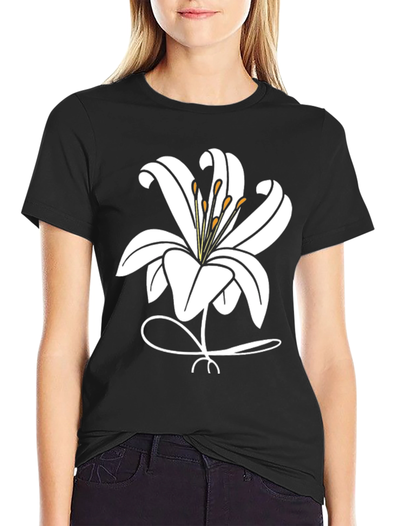 Black Lily Flower Graphic T-Shirt - Black Casual Tee view 2