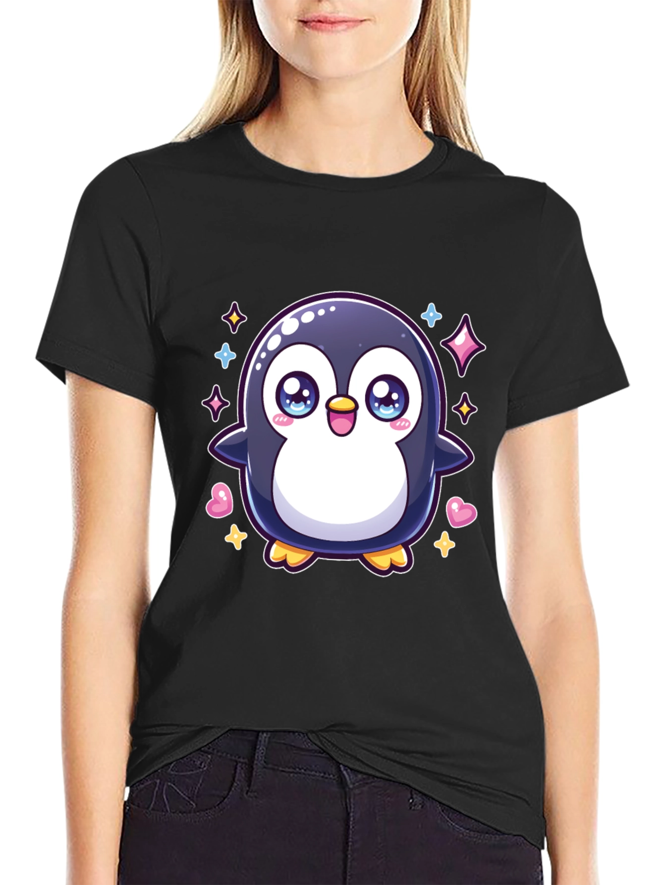 Black Cute Penguin Graphic Tee - Black Cotton Shirt view 2
