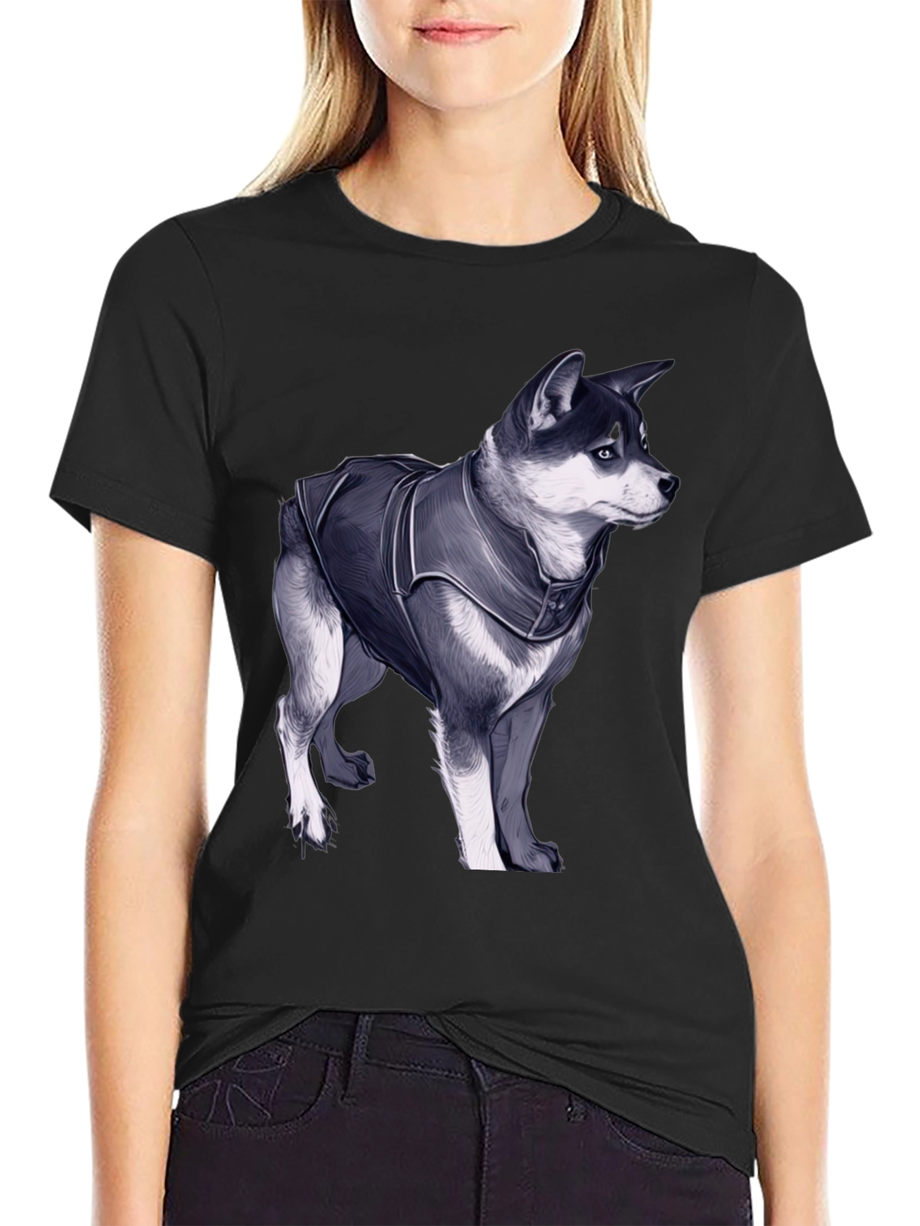 Black Dog in Jacket Graphic Tee - Black Casual T-Shirt view 2