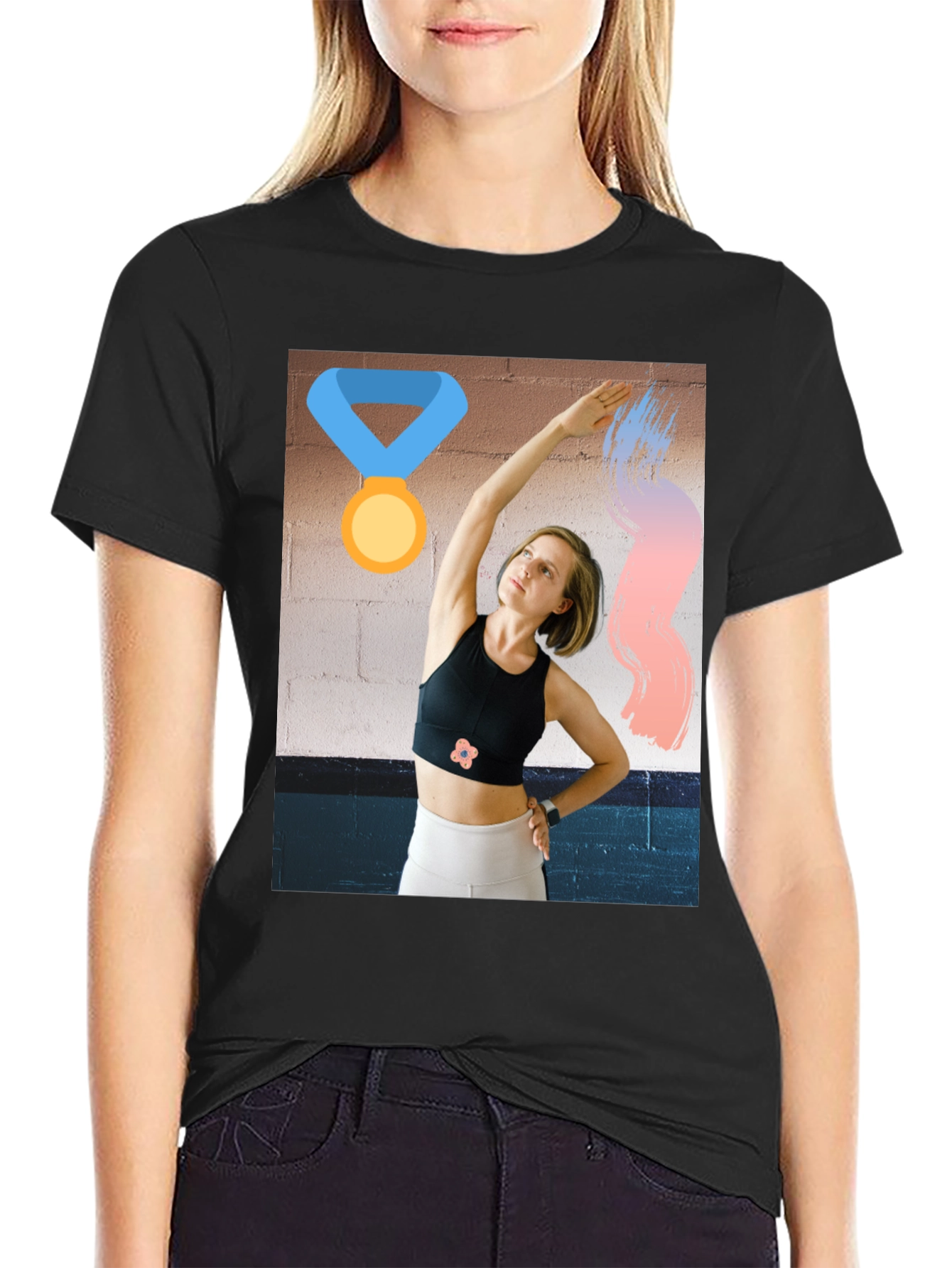 Black Graphic Tee with Athletic Woman Design view 2