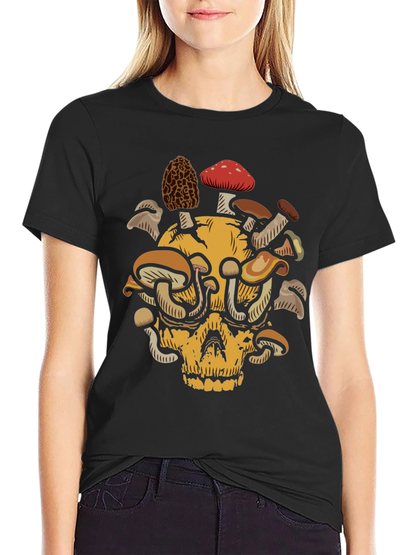Black Skull & Mushroom Graphic Tee - Unique Design view 2