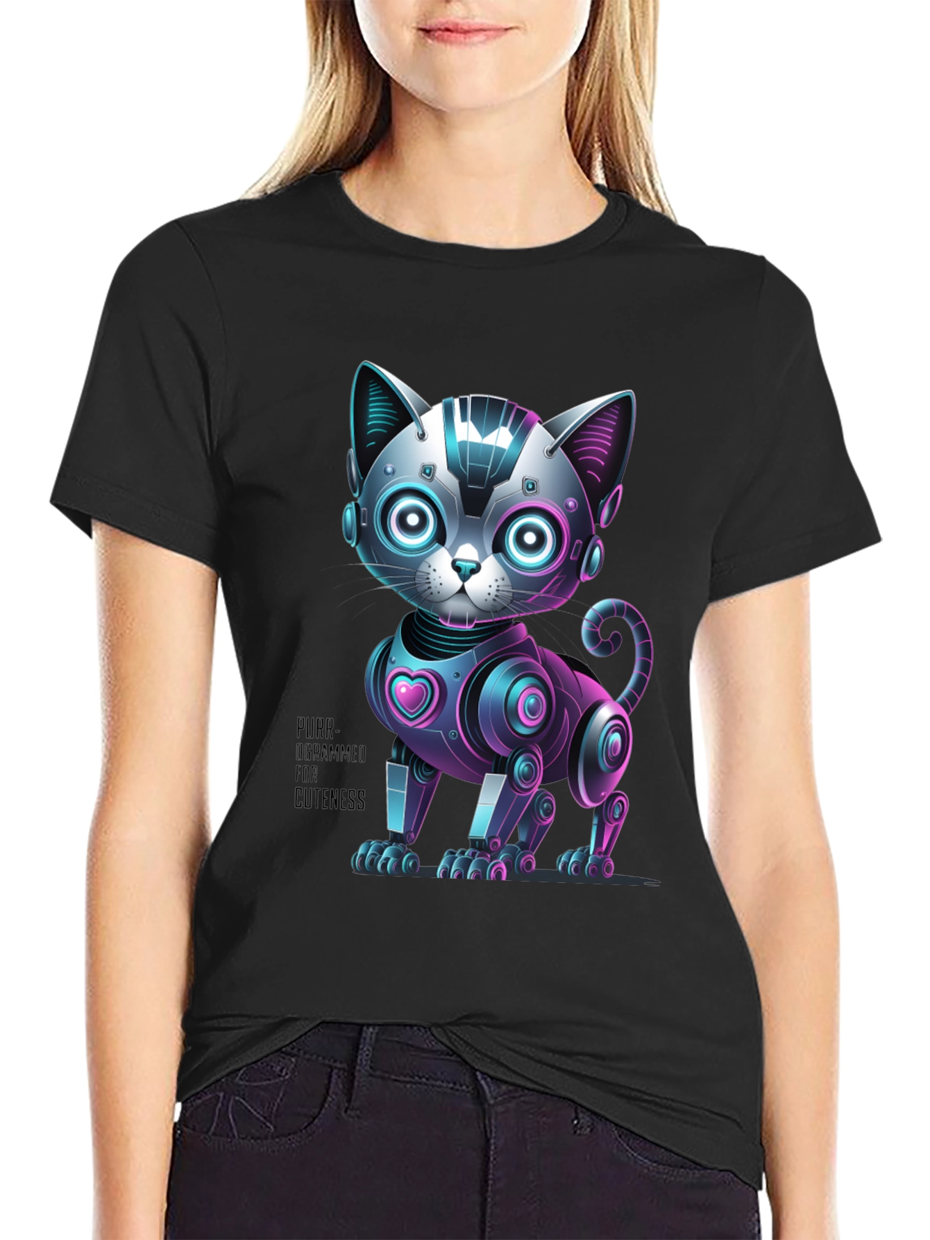 Black Robo Cat T-Shirt - Purr-ogrammer for Cuteness view 2