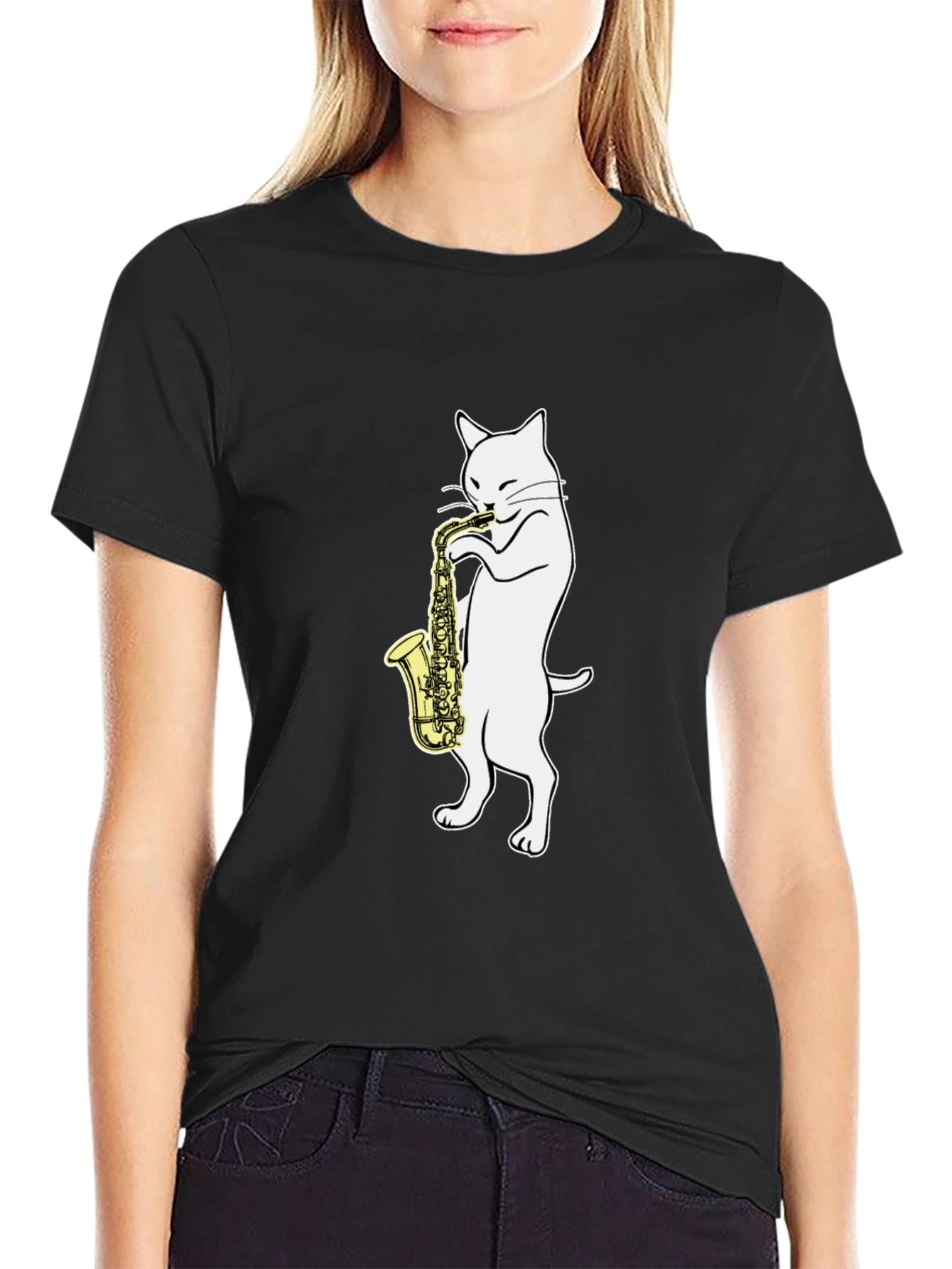 Black Cat Saxophone Player Graphic Tee - Black Cotton view 2