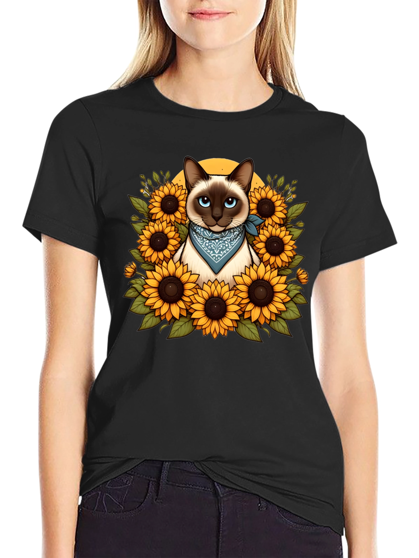 Black Siamese Cat Sunflower Graphic T-Shirt view 2