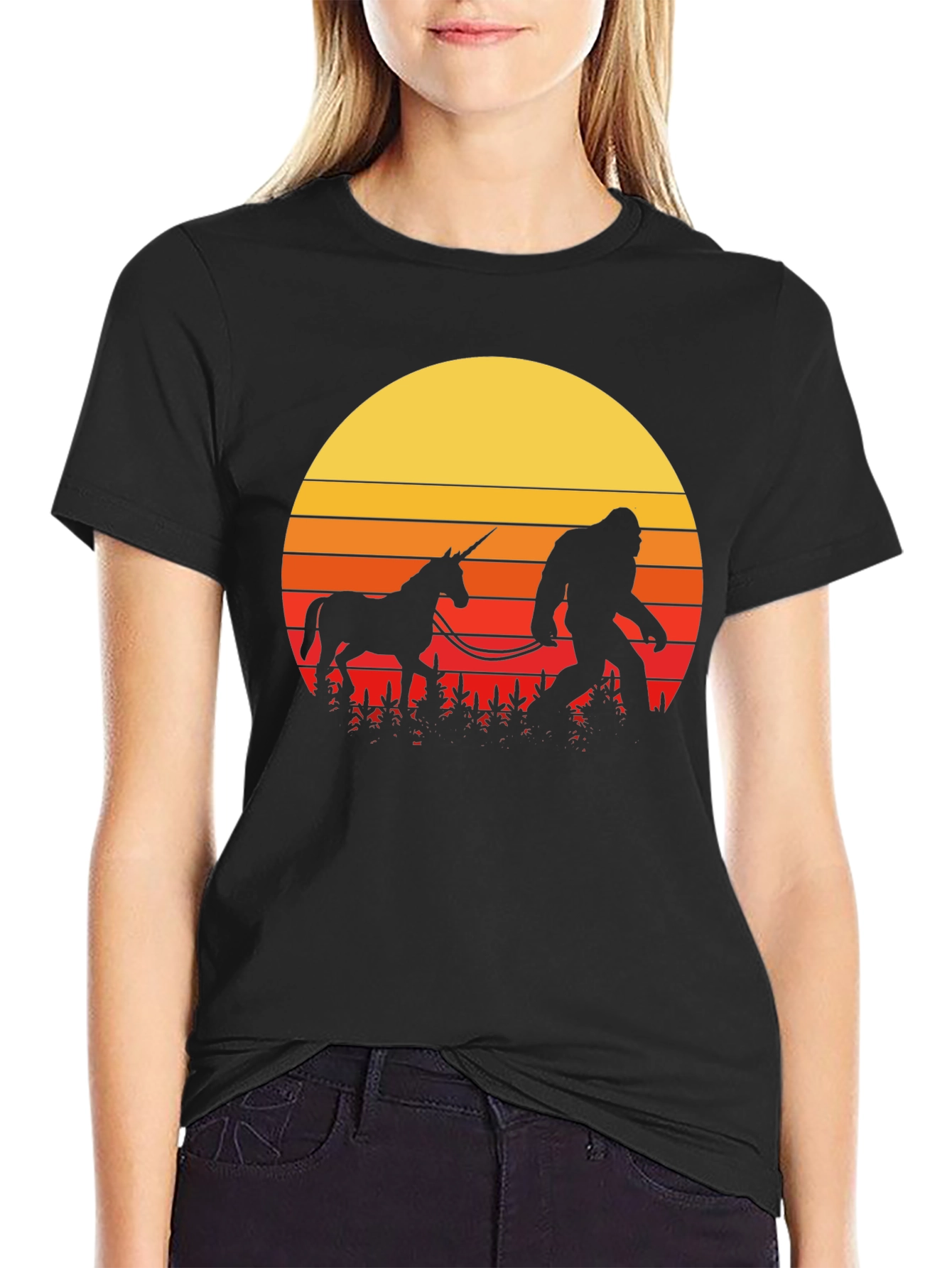 Black Sasquatch & Unicorn Sunset T-Shirt view 2