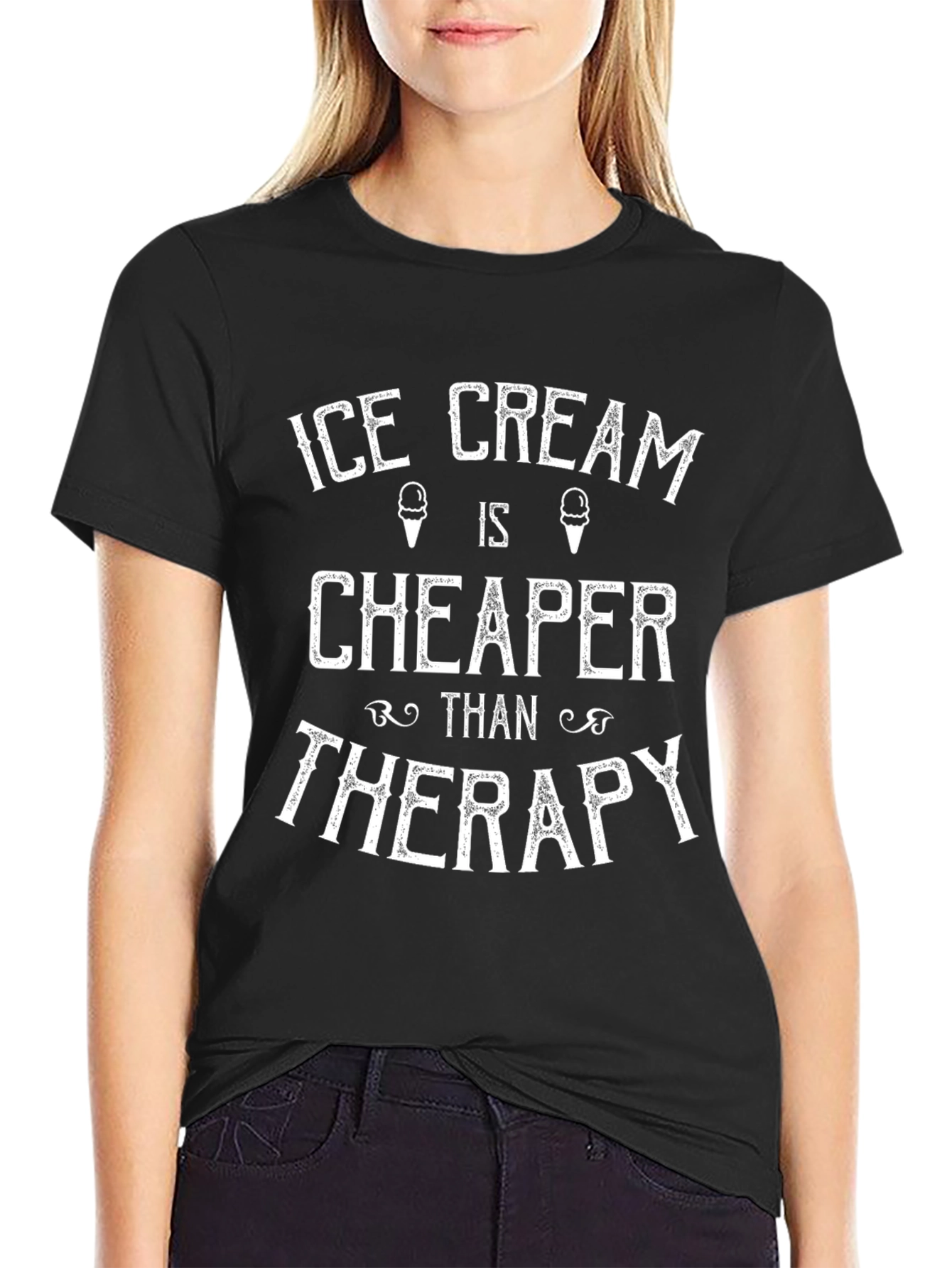 Black Ice Cream Cheaper Than Therapy Black T-Shirt view 2