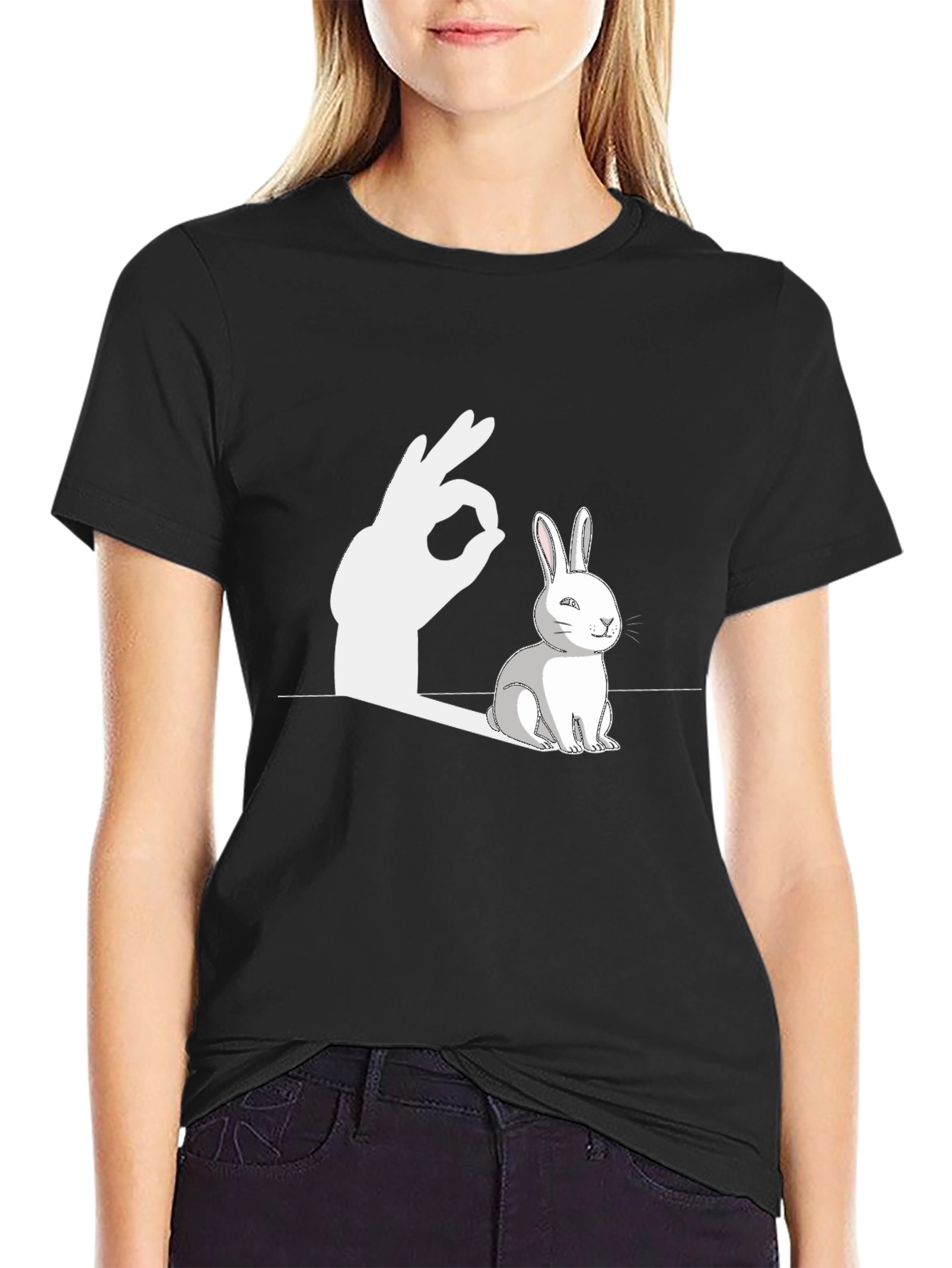 Black Funny Rabbit Shadow Hand Sign Graphic T-Shirt view 2