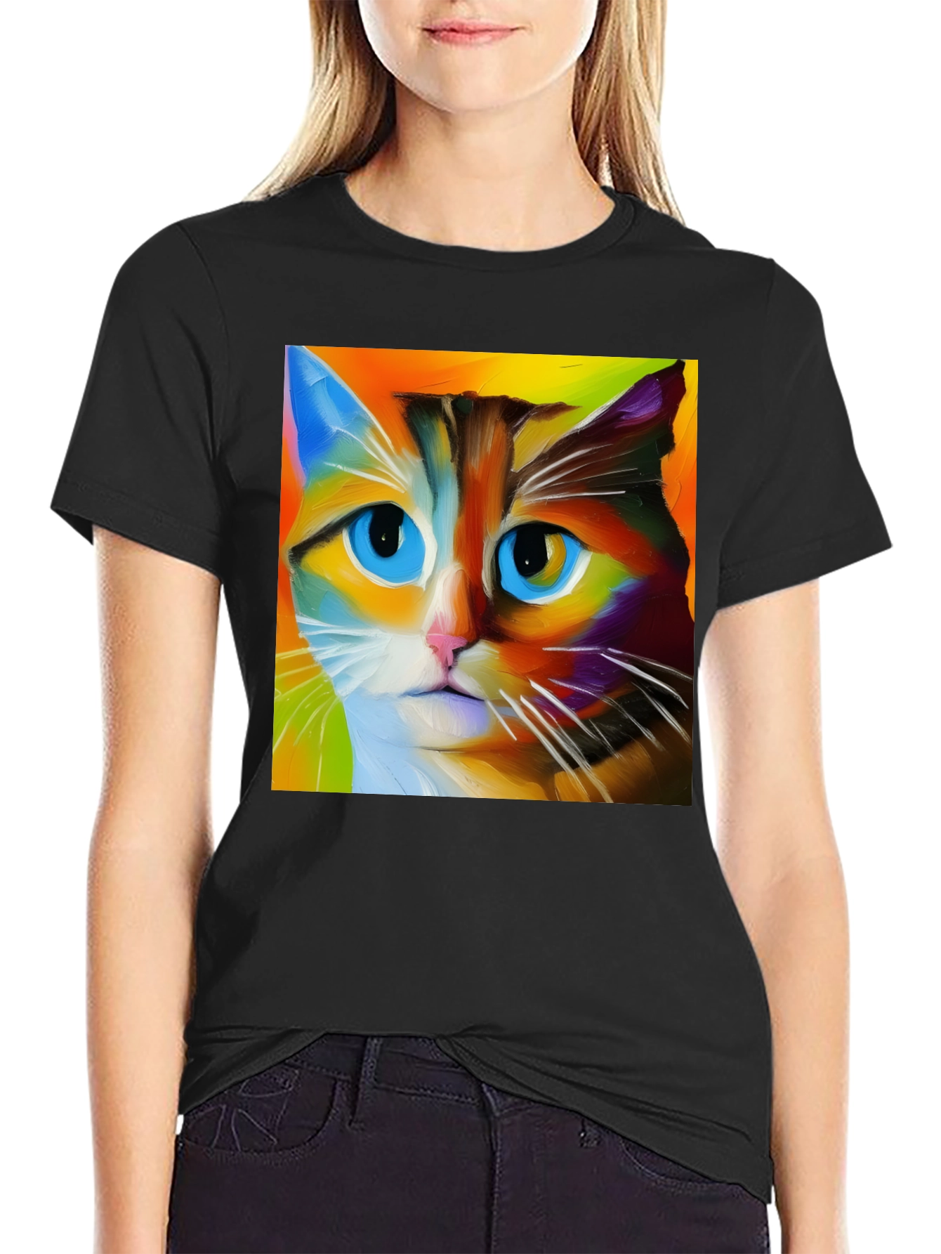 Black Colorful Cat Art T-Shirt view 2