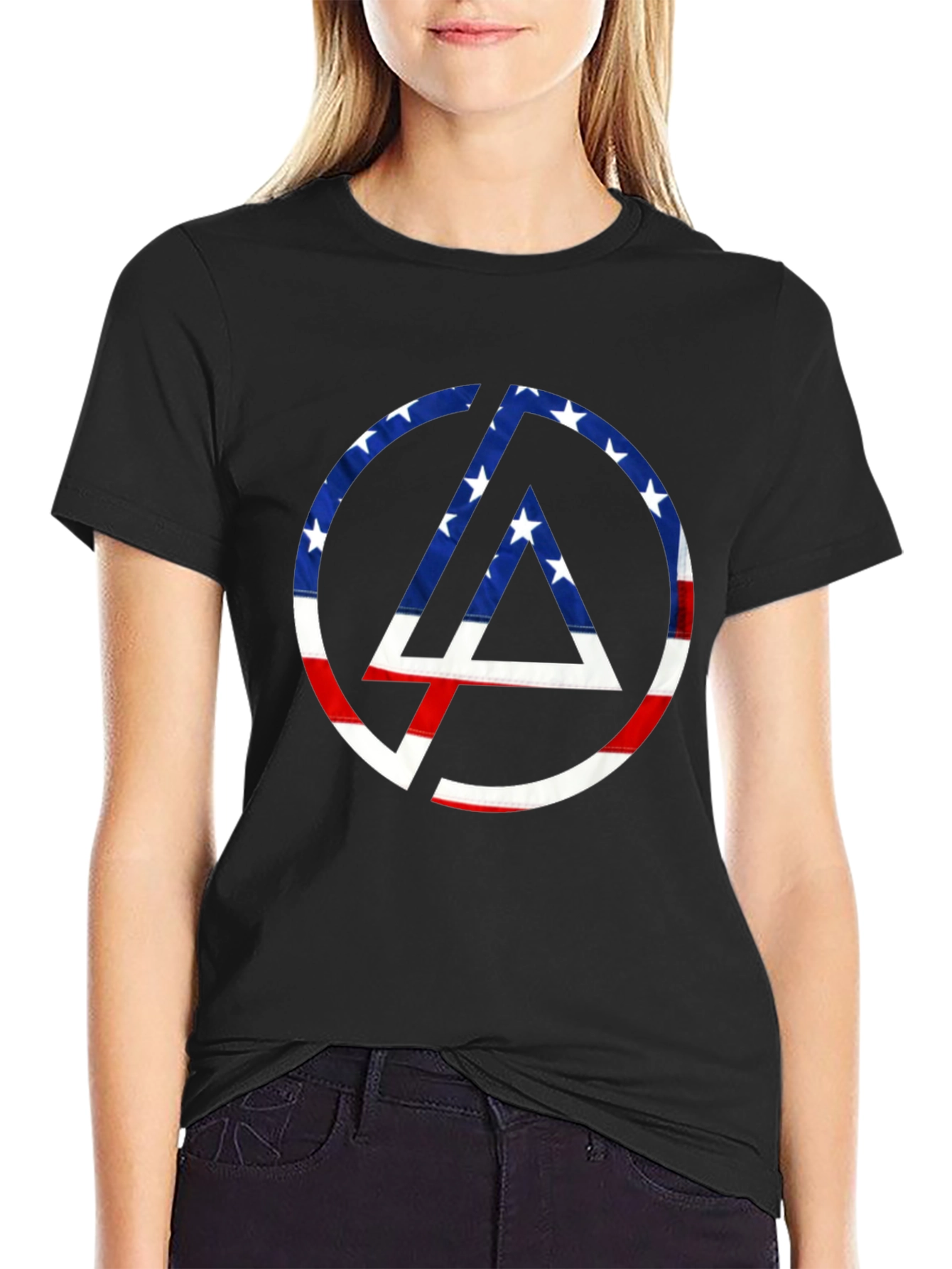 Black American Flag Circle Logo T-Shirt view 2