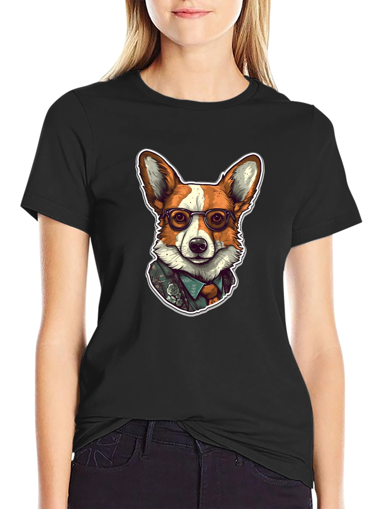 Black Hipster Corgi Graphic Tee - Unisex Soft Cotton Shirt view 2