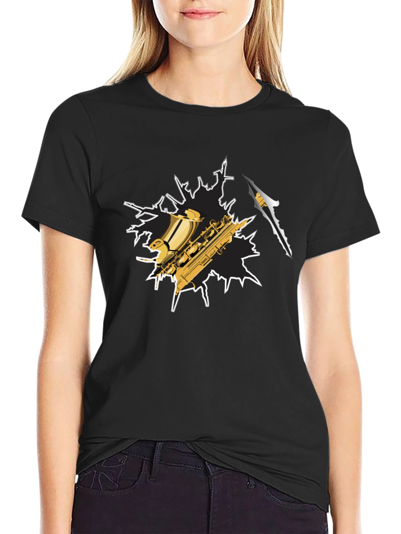 Black Saxophone Graphic T-Shirt - Cool Music Tee view 2