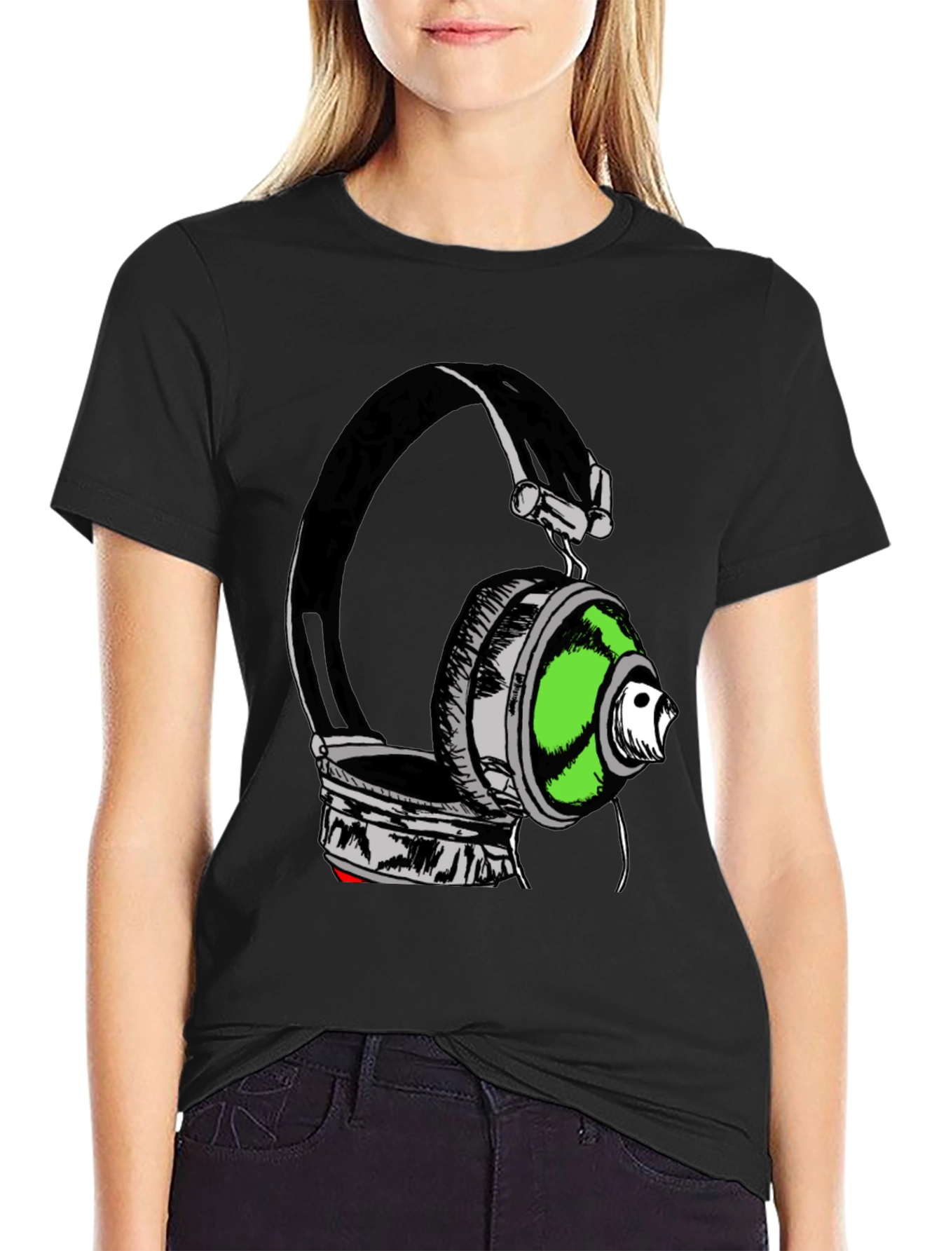 Black Headphones Graphic Print T-Shirt - Black view 2