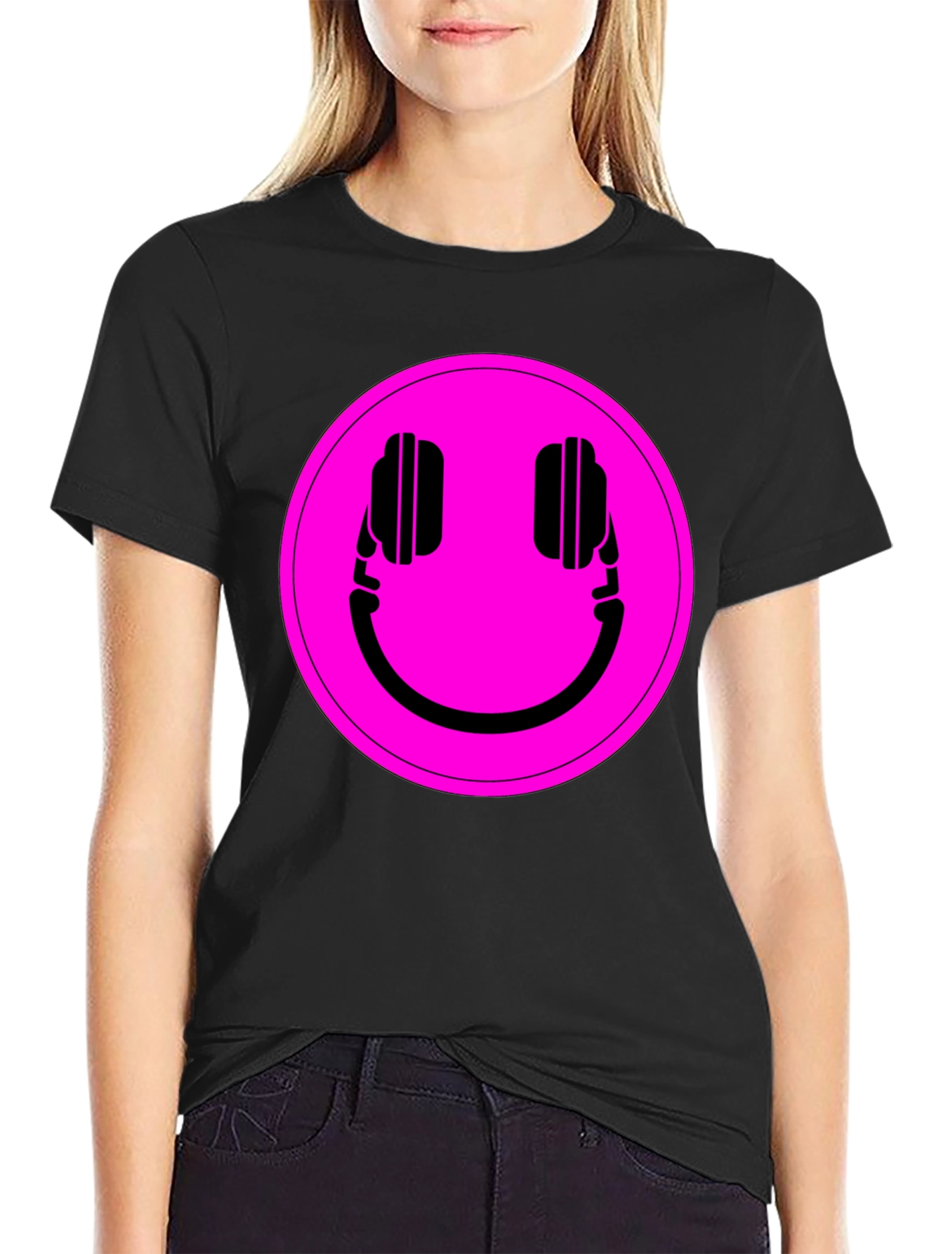 Black Headphone Smiley Graphic Tee - Black view 2
