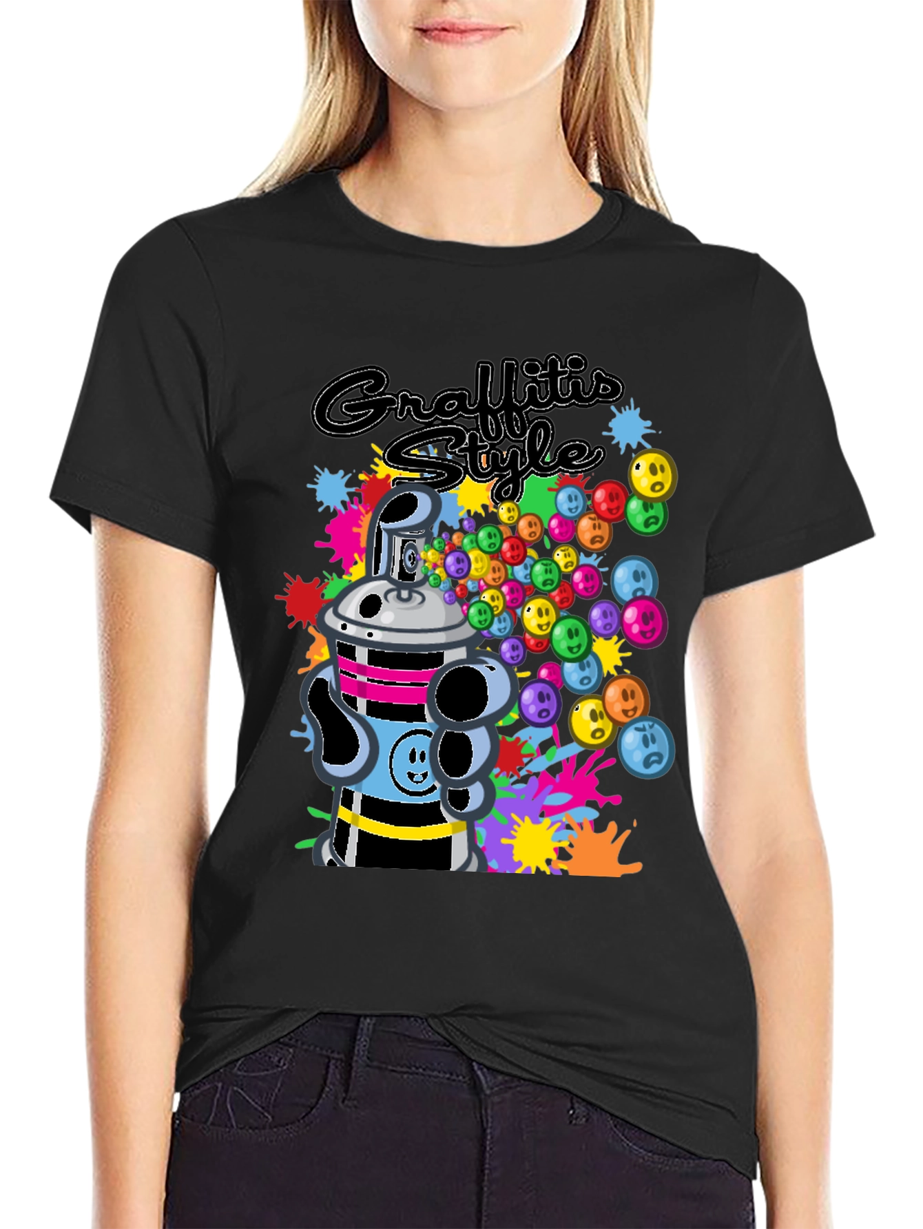 Black Graffiti Style Graphic T-Shirt - Black Crew Neck Tee view 2