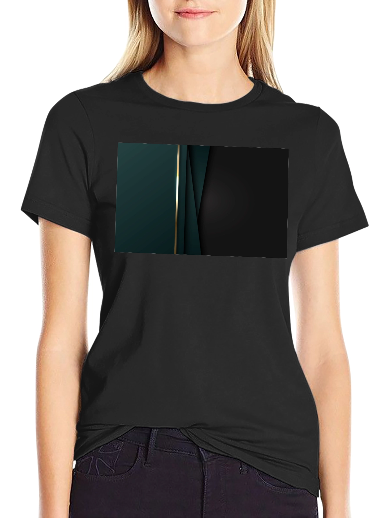 Black Sleek Black Tee with Abstract Dark Green Design view 2