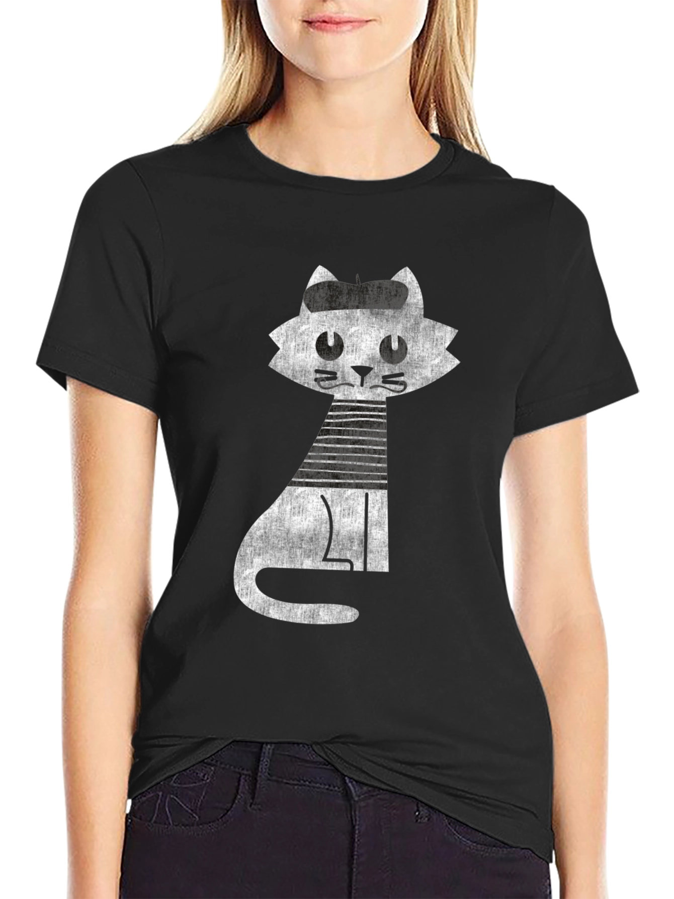 Black Retro Cat Graphic Tee - Cool Black Cotton T-Shirt view 2