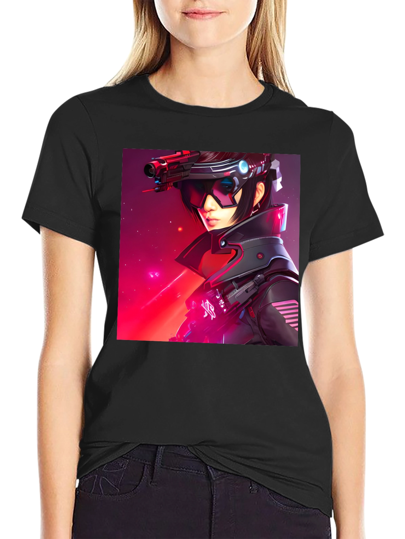 Black Sci-Fi Cyberpunk Girl Graphic Black T-Shirt view 2