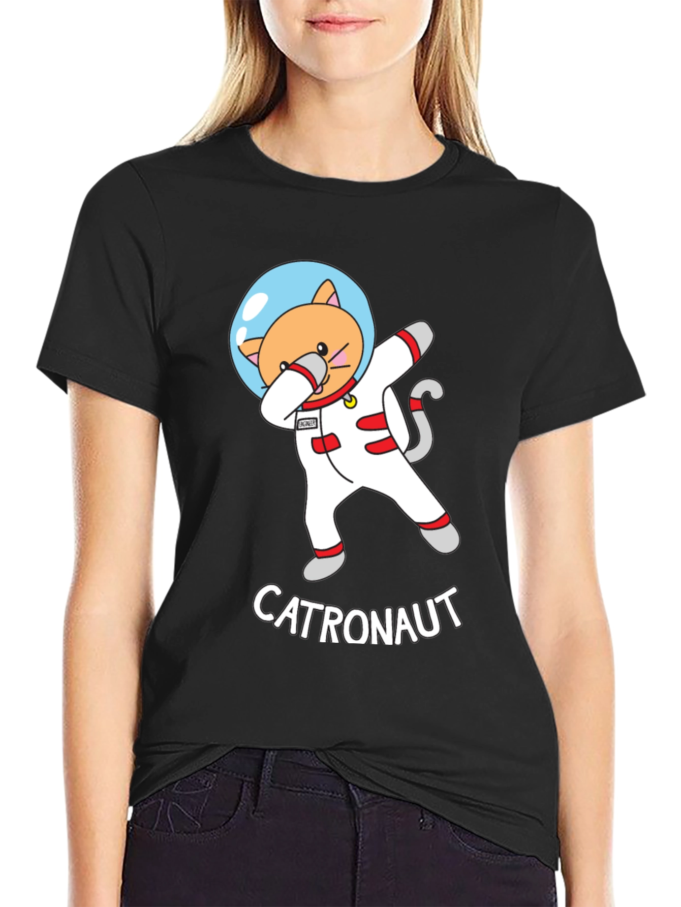Black Catronaut T-Shirt - Dabbing Cat Astronaut Design view 2