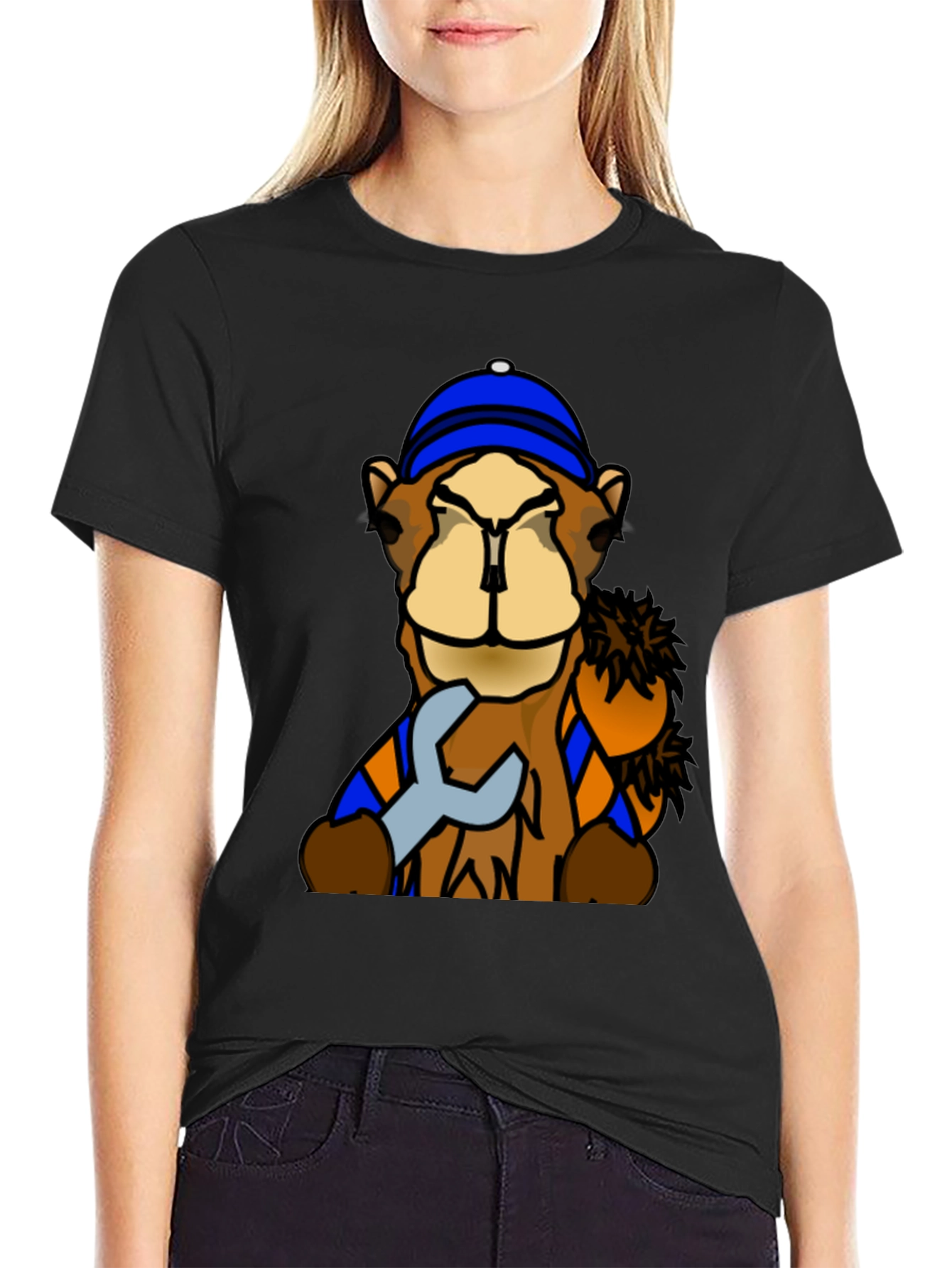 Black Camel Mechanic T-Shirt - Funny Cartoon Animal Tee view 2